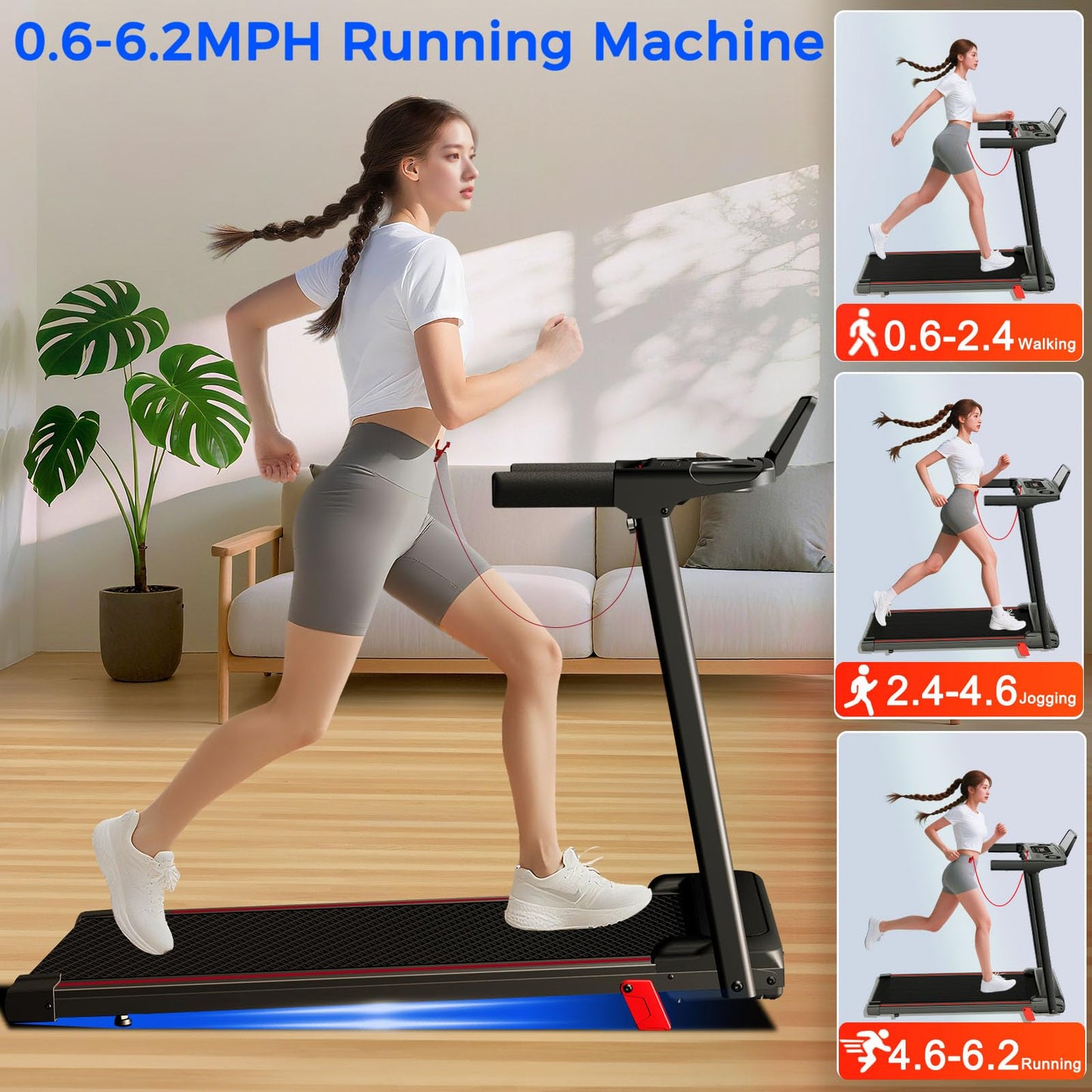 Treadmills for Home 3.0HP Quiet Foldable Treadmill with Incline, Portable Walking Pad with Handle Bar, Walking Pad Treadmill for Running and Jogging with 330 LBS Capacity