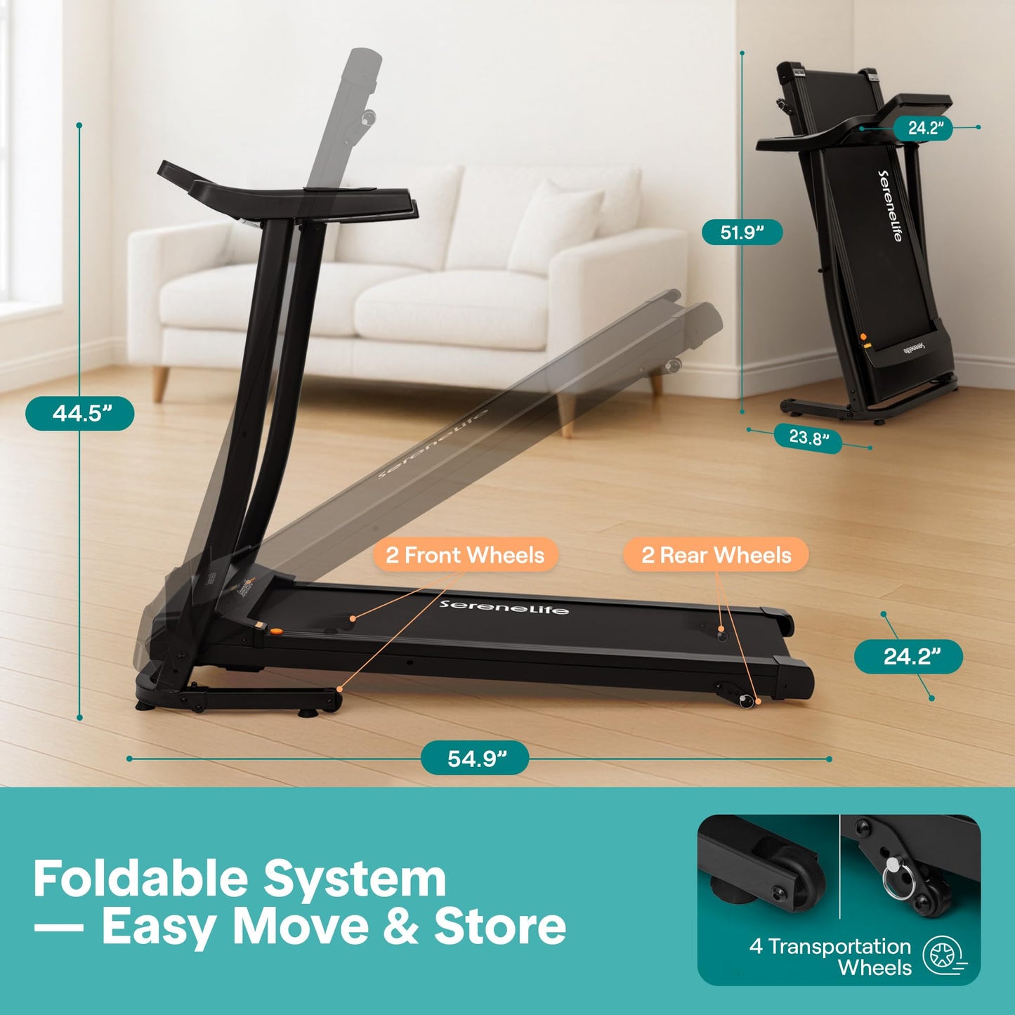 SereneLife Treadmill with Incline & Handle Bars | Compact Portable Walking Pad & Treadmill for Home/Apartment | Wide Running Belt 40" x 16" | Includes Workout Trainer Program with Bluetooth App