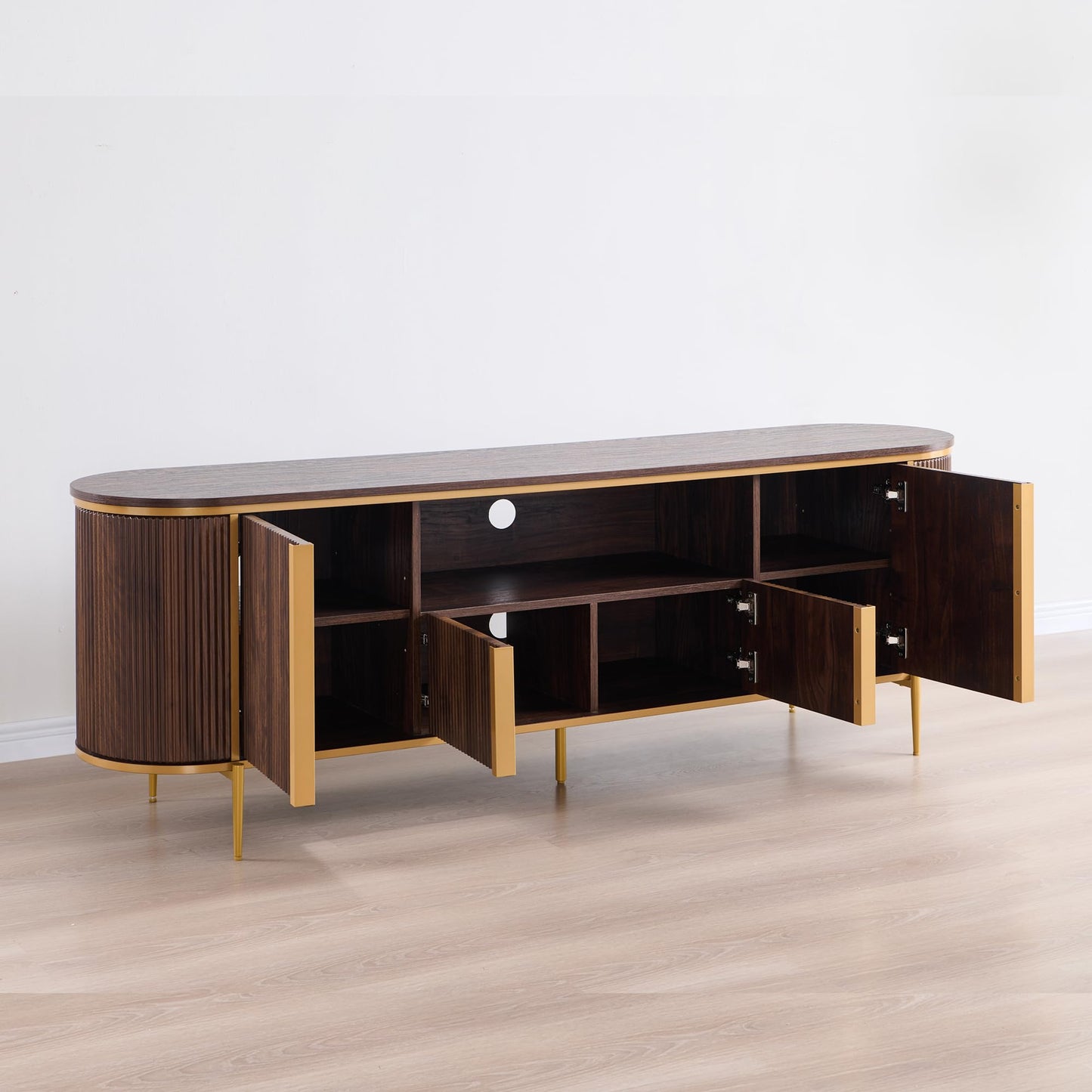 OKD 70" Fluted TV Stand with Storage, Faux Marble Top Entertainment Center for TVs Up to 80", Modern Curved Edge Media Console Cabinet for Living Room, Dark Walnut