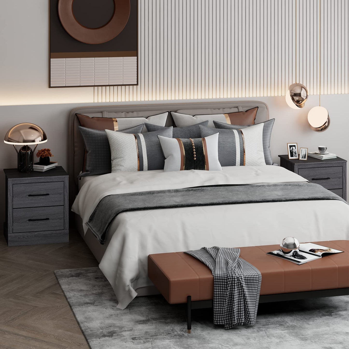 Giantex Farmhouse Nightstand Set of 2, Wood Bedside Table with 2 Storage Drawers, Compact Floor Night Stand End Table, Accent Sofa Side Table for Bedroom, Grey Oak