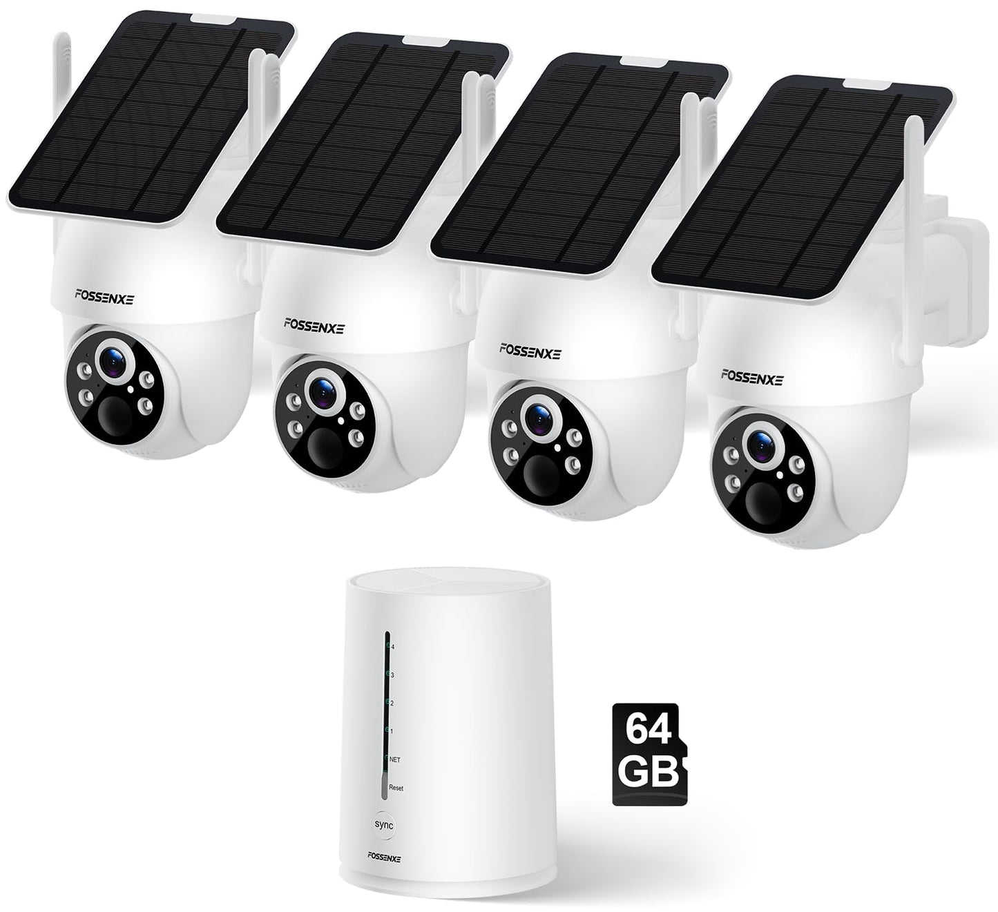 FOSSENXE Solar Security Cameras Wireless Outdoor, WiFi, 2K, 360° Coverage, Color Night Vision, Human Detection, 64GB Local Storage, No Monthly Fees, Easy Setup, IP66 Weatherproof, 4-Camera System