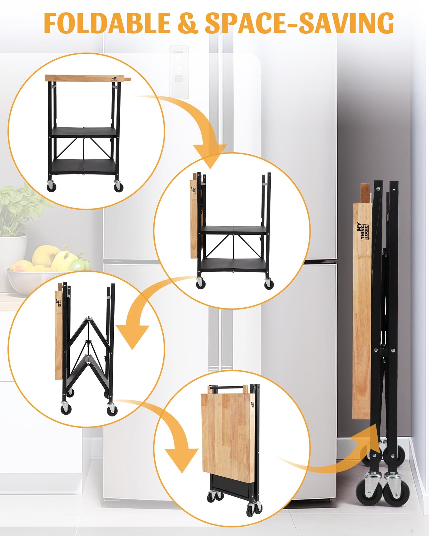 Mythinglogic Foldable Kitchen Storage Cart, 3-Tier Rolling Cart with Solid Oak Top, Heavy-Duty Metal Utility Rack for Microwave, Pots, Dish Set, Meal Prep Area, Kitchen Island on Lockable Wheels