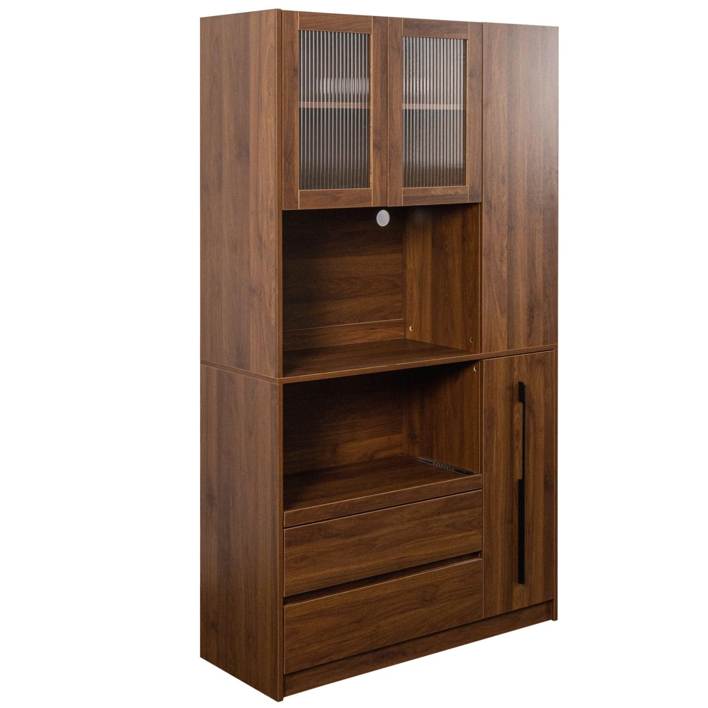KEIKI 70.87" Tall Kitchen Pantry Storage Cabinet with Pull-Out Shelf, Side Shelves, 2 Drawers, Glass Doors & Microwave Stand, Freestanding Wood Hutch Food Pantries Cupboard for Dining Room