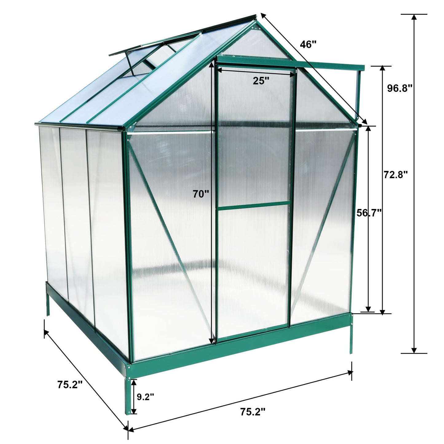 KEIKI 6.3x6.2FT Polycarbonate Greenhouse Walk-in Heavy Duty Outdoor with Aluminum Frame, Clear Panels, Rain Gutter, Vent, Sliding Door for Backyard Plant Nursery, UV Safe All Season, Green
