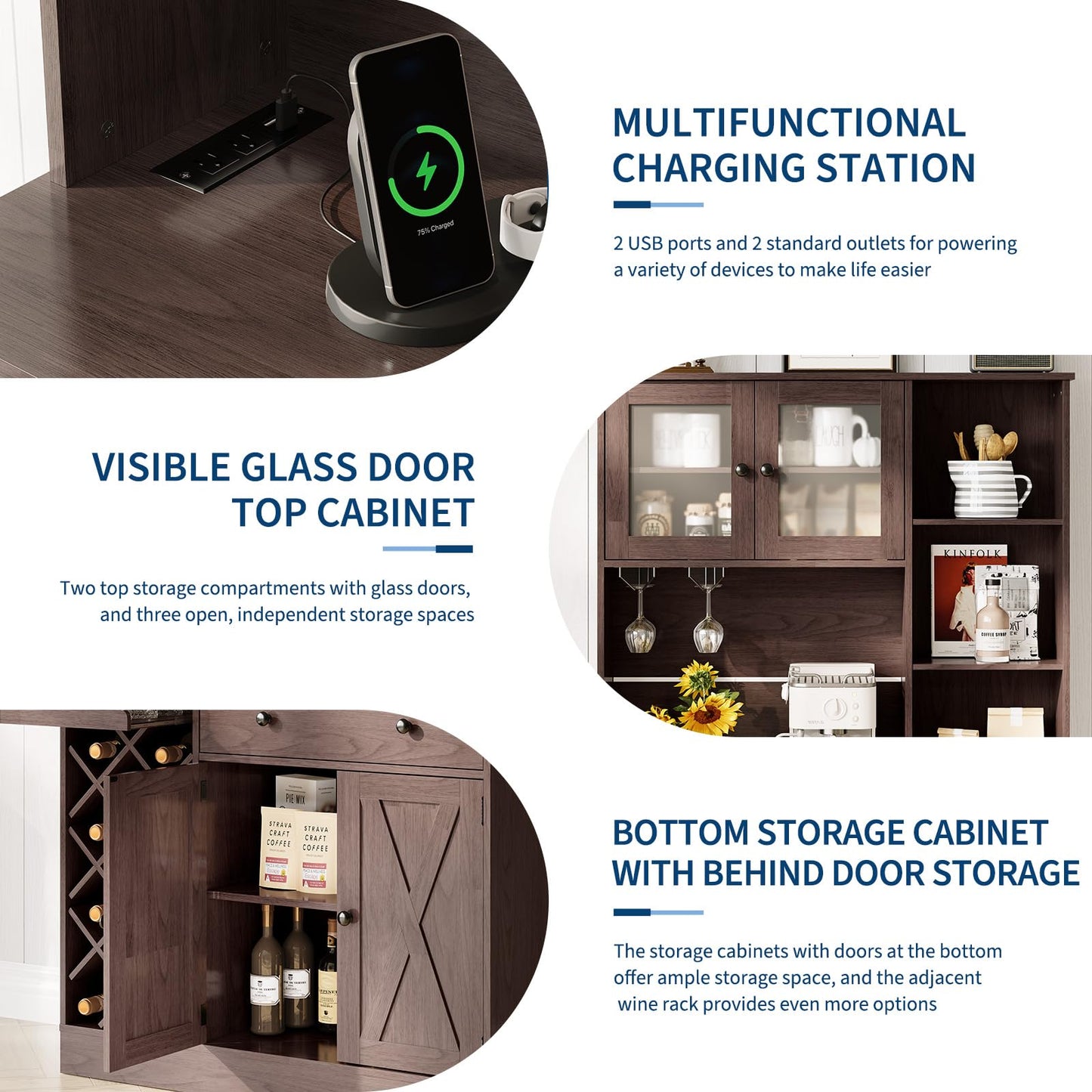 Hetoy 72" Tall Kitchen Pantry Cabinet with Power Outlet – Barn Doors, Wine Bottle Rack & Ample Storage – Modern Sideboard Buffet for Dining Room, Kitchen, or Home Bar