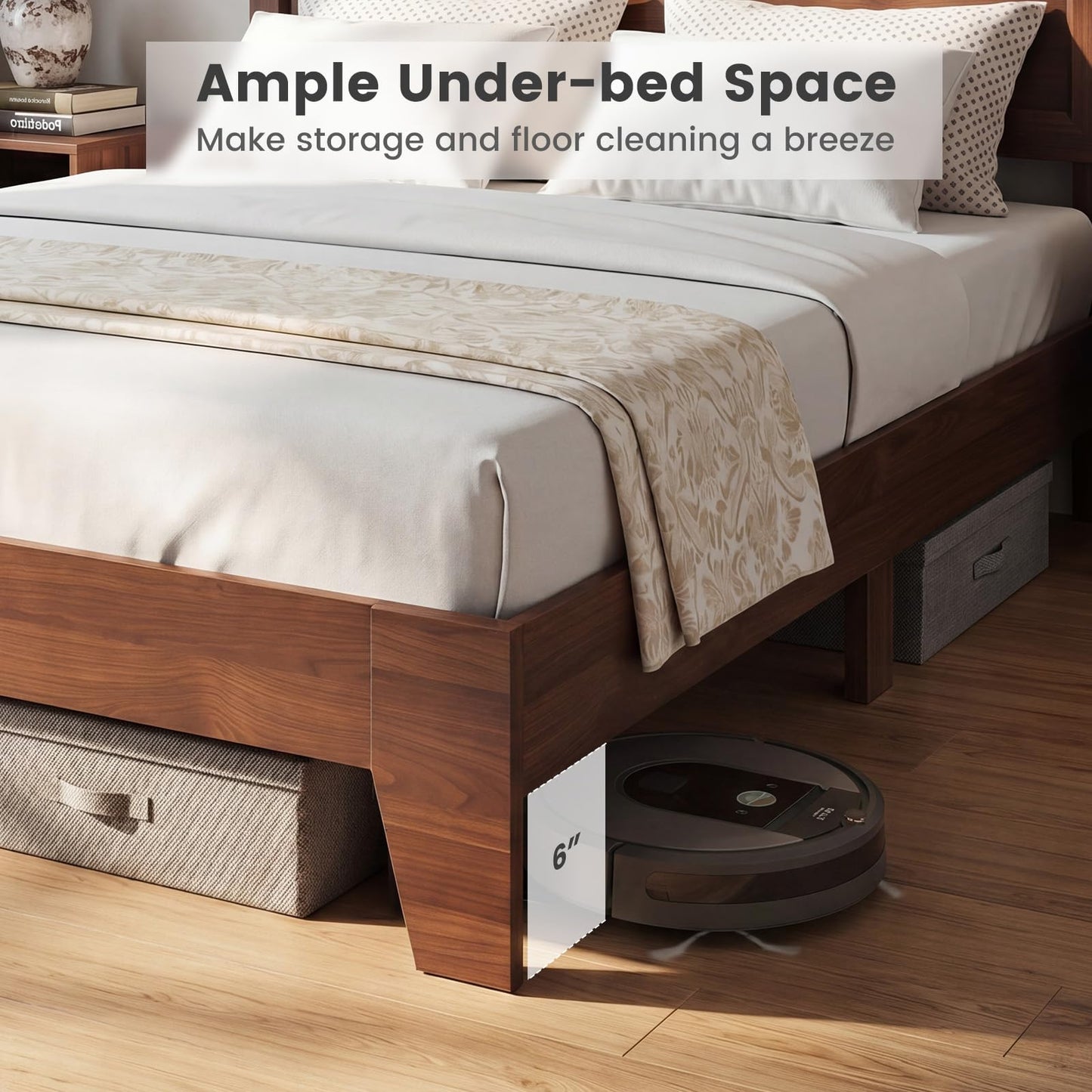 KOMFOTT Full Size Bed Frame, Mid-Century Modern Platform Bed with Headboard, Wooden Slat Support Mattress Foundation, Under-Bed Storage Space, No Box Spring Needed (Walnut,Full)