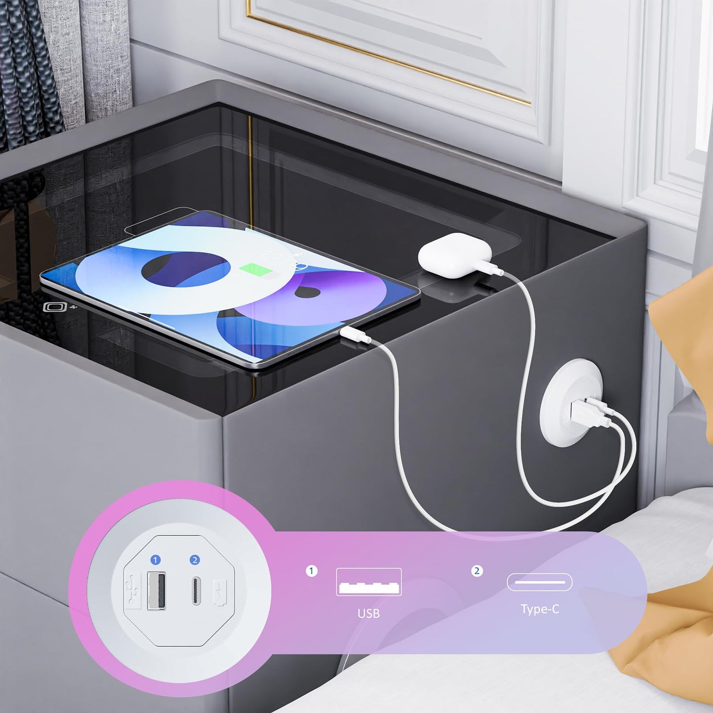 QHRAY Smart Nightstand with Drawers and Safe,Nightstand with Wireless Charging, Modern Bedside Table with Strongbox, USB Night Stand,LED Lights Bluetooth Speaker Side Table for Bedroom, Office