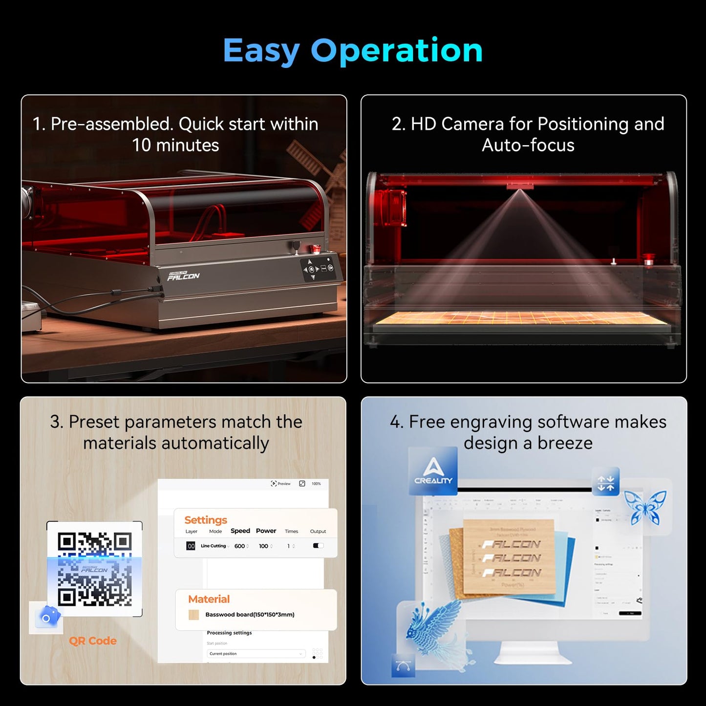 Creality Laser Engraver Falcon2 Pro S 22W, Auto Focus Desktop Diode Laser Cutter and Engraving Machine with Enclosure, Smart Camera, Air Assist for Wood Acrylic Leather Stone Metal