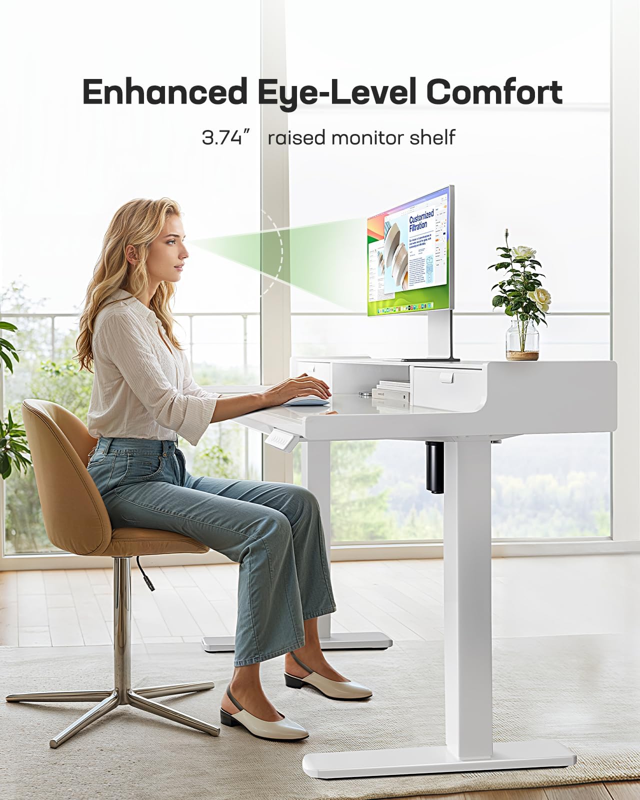 Marsail 48x24 inch Glass Standing Desk with Drawers, Computer Desk with Monitor Stand, Home Office Adjustable Table with Drawers, 4 Preset Heights, Stand up Table for Home, Office, White