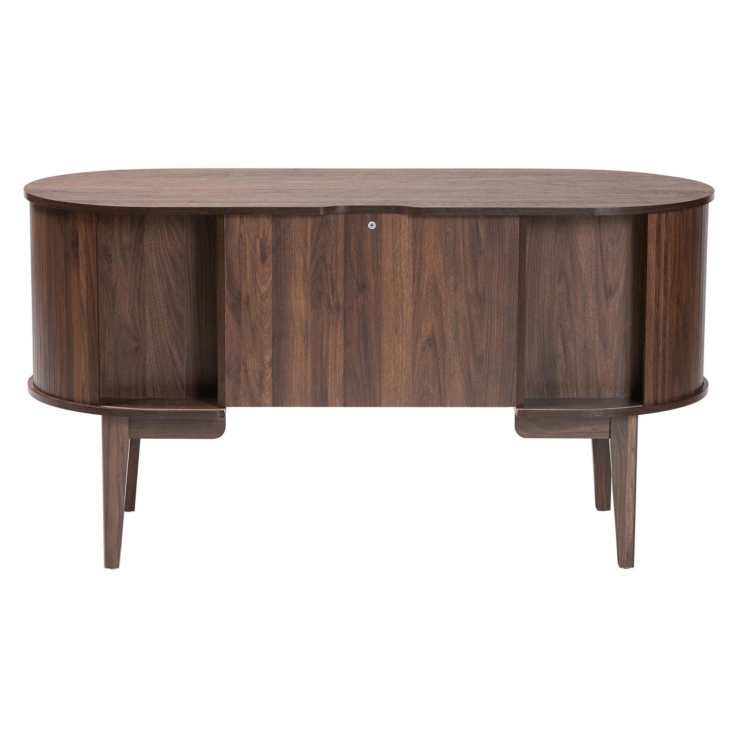 Baxton Studio Hayes Wood Writing Desk - Mid-Century Modern Oval Desk with Locking Drawer and Sliding Tambour Doors for Office or Home