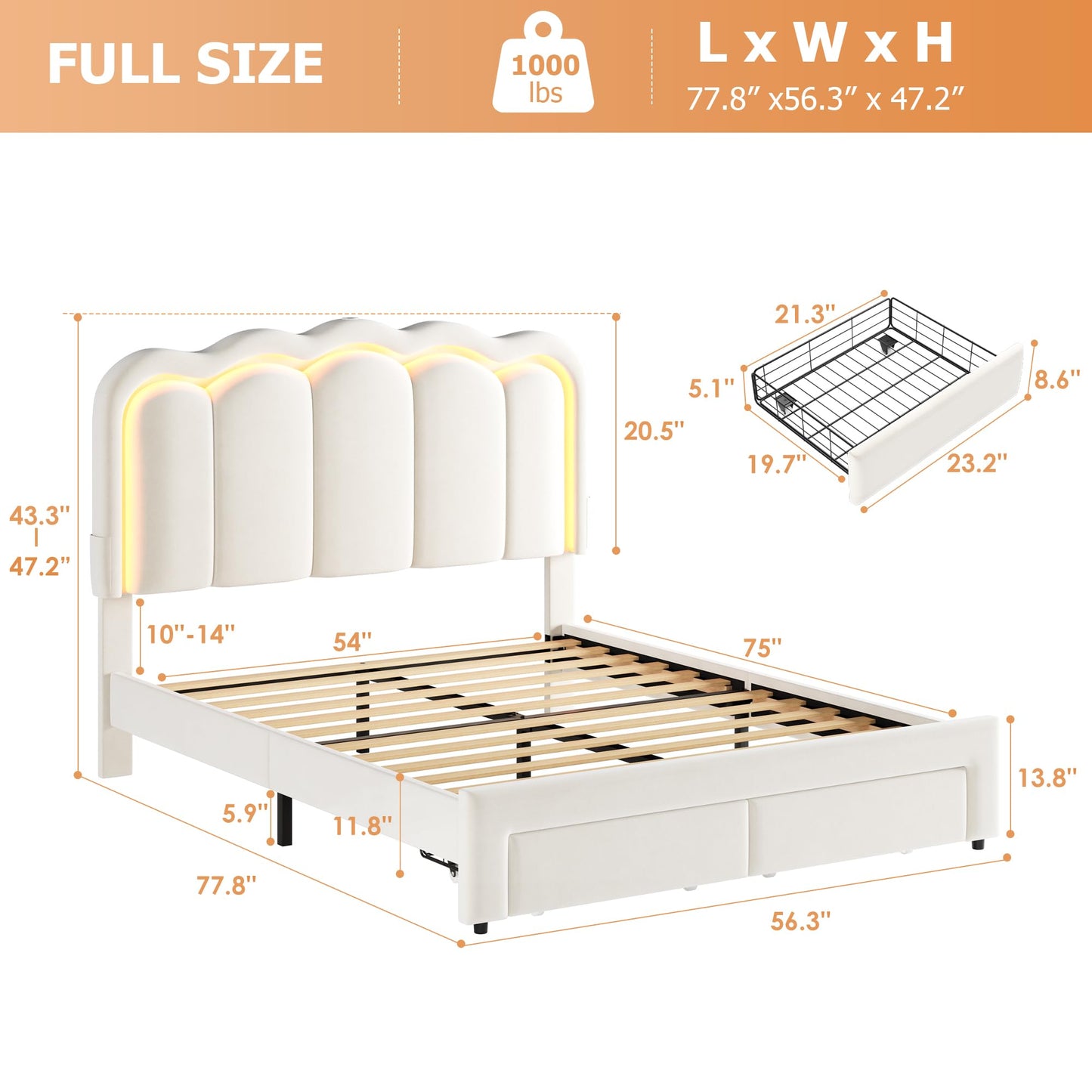 Full Upholstered LED Bed Frame with 2 Storage Drawers and Adjustable Chic Double Wavy Headboard, Velvet Princess Platform Bed with Charing Station, Solid Wood Slats Support,No Box Spring Needed,Beige