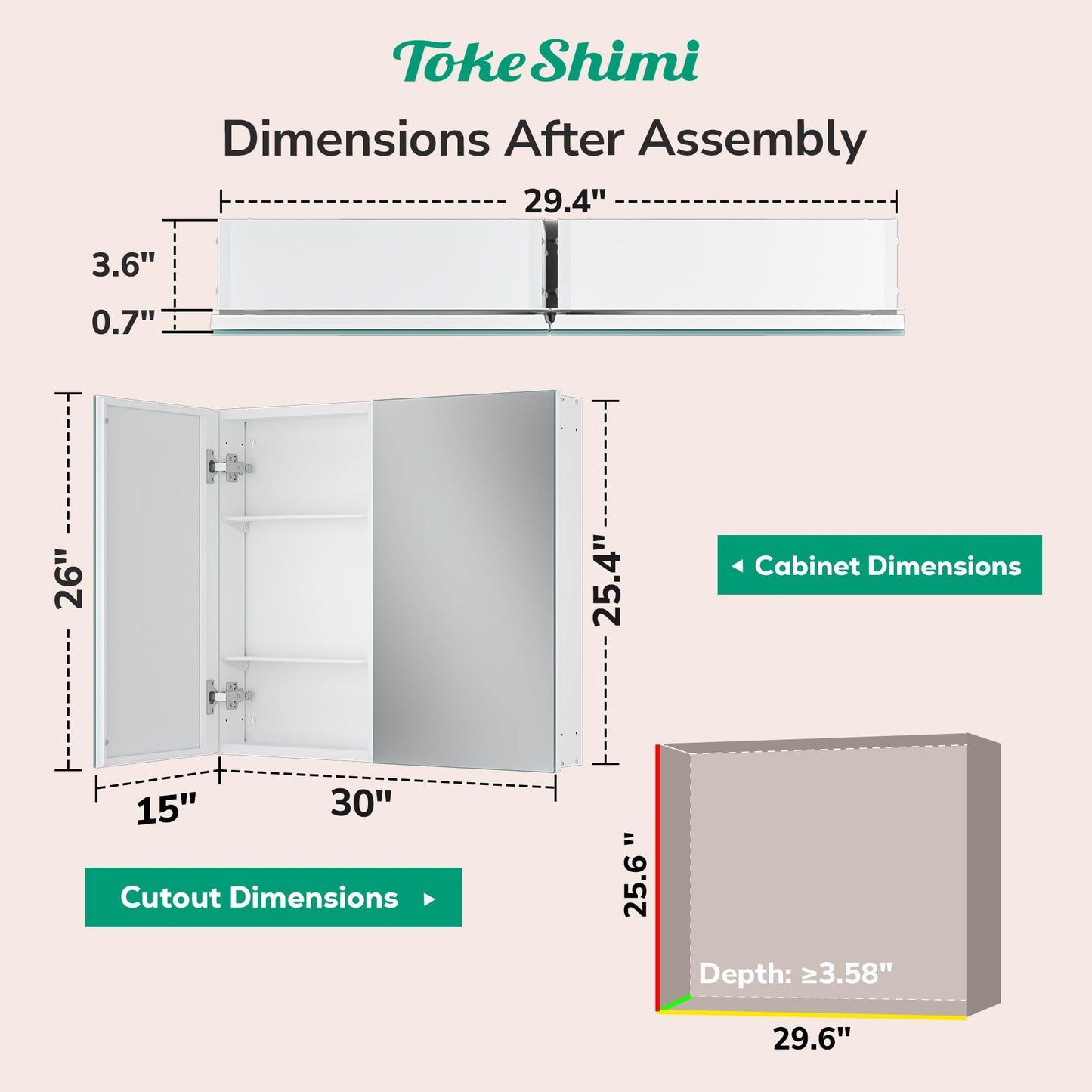 TokeShimi 30x26 Medicine Cabinet Mirror with Storage Tempered Aluminum Recessed or Wall Mounted Cabinet White with Stepless Adjustable Metal Shelves for Bathroom Vanity Modern Farmhouse