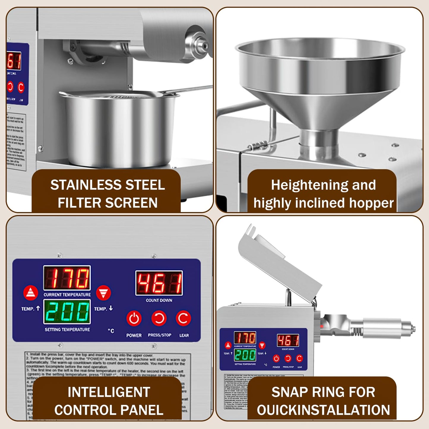 Rkazes Oil Press Machine, 820W Home Commercial Automatic Oil Press Extractor, Steel Stainless Electric Cold & Hot Press Oil Expeller for Peanut Sesame Soybean Sunflower Seeds Walnuts