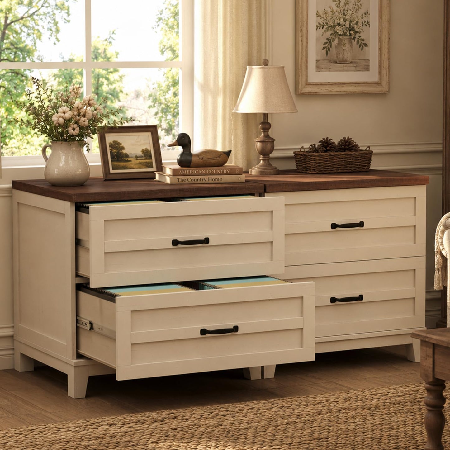 IDEALHOUSE Farmhouse Lateral File Cabinet with 2 Full Extened Drawers, Filing Storage Cabinet for Legal, Letter & A4 Files, Office Organizer w/Thick Desktop, for Home Office, Rustic Brown White