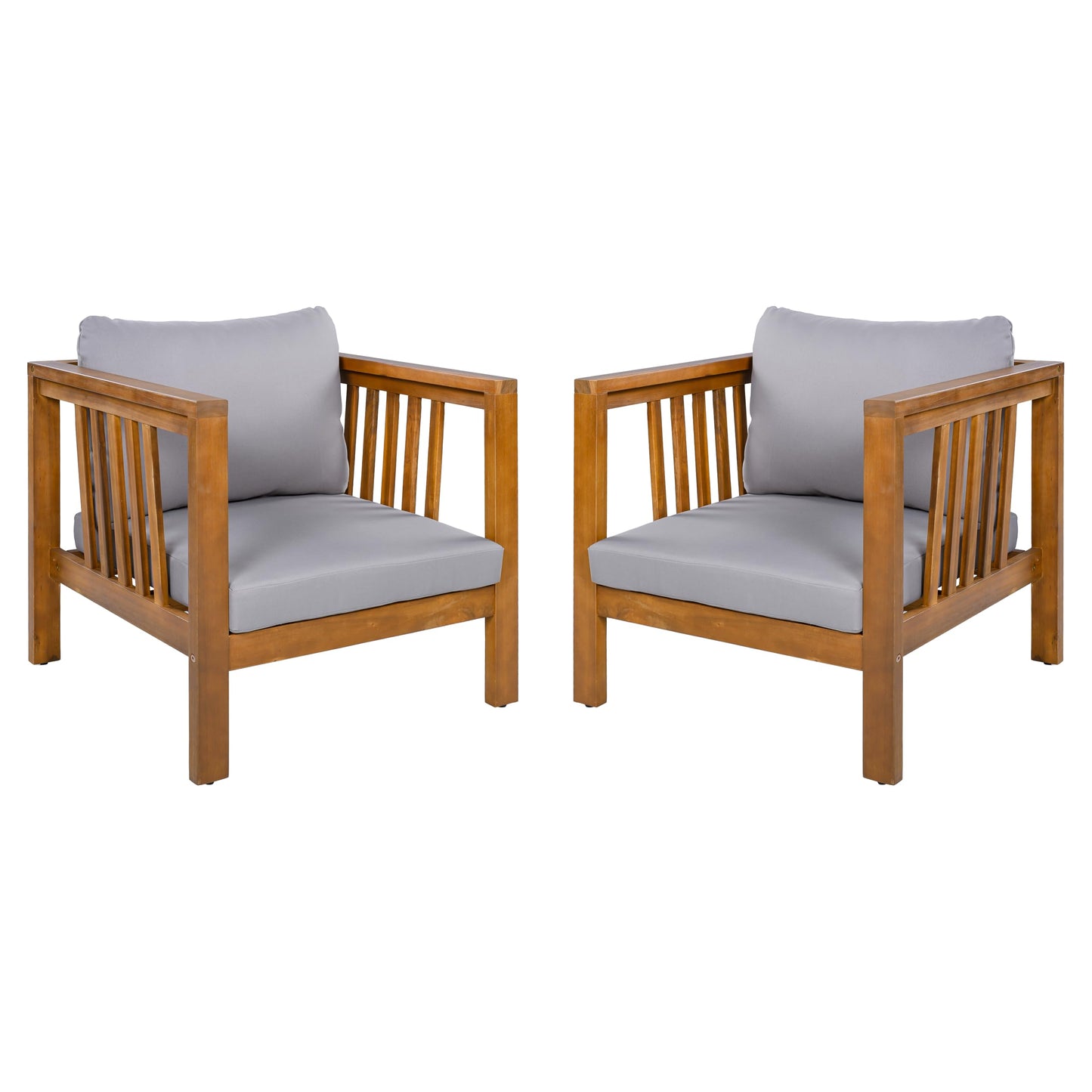 Merax Set of 2 Outdoor Acacia Wood Club Chairs, Modern Patio Conversation Chairs with Thick Cushions, Adjustable Feet, Weather Resistant Wooden Armchairs for Backyard, Poolside, Grey Cushions