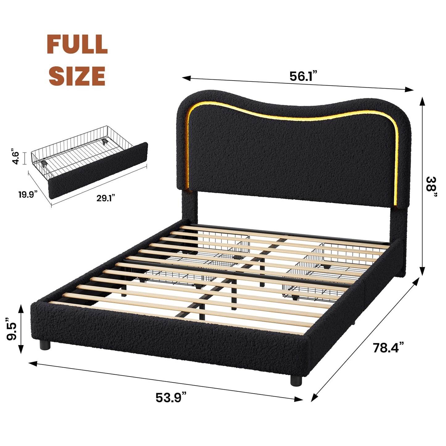 GarveeHome LED Full Size Bed Frame with 2 Drawers and Headboard, Cute Upholstered Bed with Storage, Sturdy Platform Bed, No Box Spring Needed, Wooden Slats, Noise Free, Black