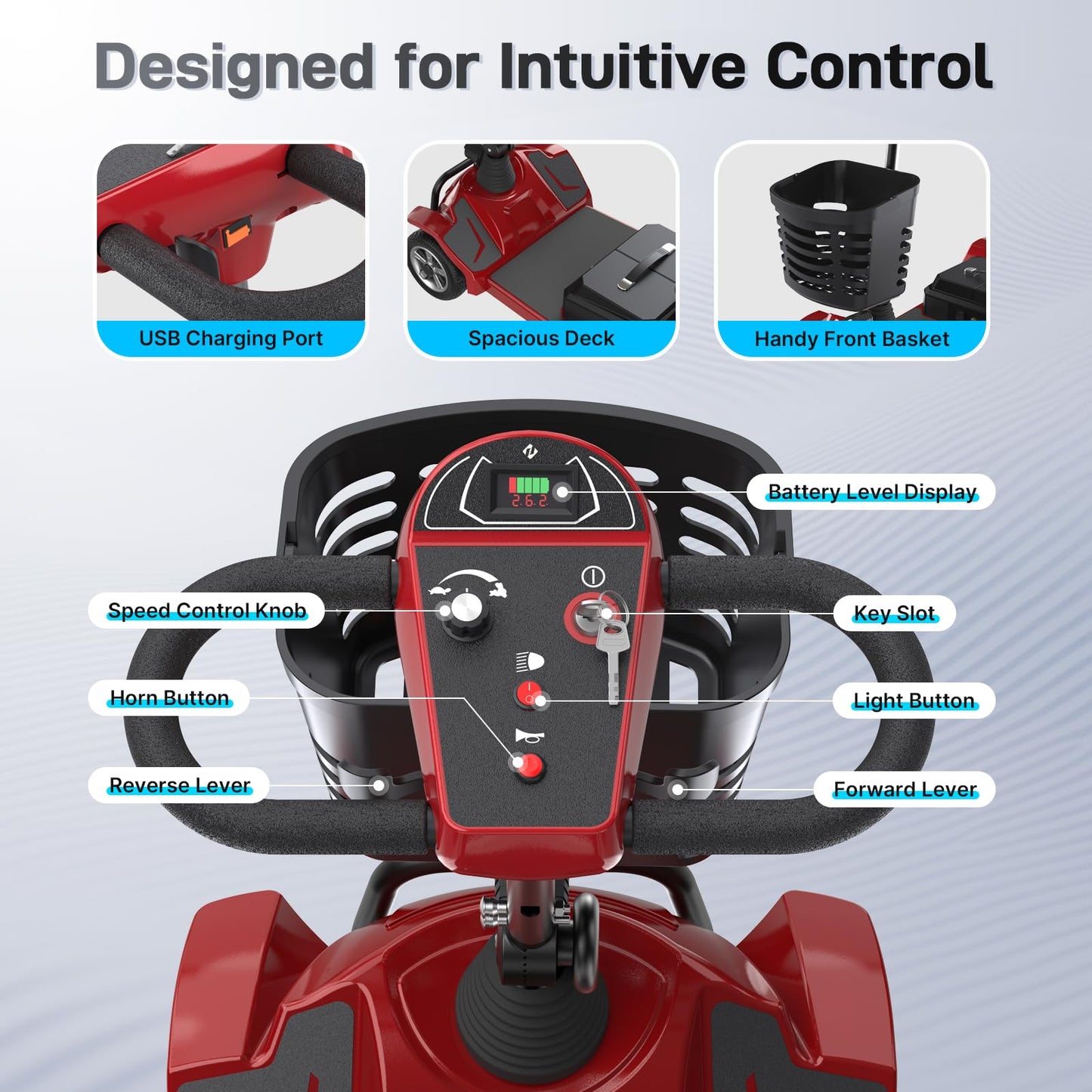 Hoverfly T4 Mobility Scooter for Seniors, Max 12.4-Mile Range & 3.7 mph, 3-Position Seat & Anti-slip Rear Wheel, Removed Battery&Quick Fold Design, Solid 9" Tire &330 lb Capacity, Ease of Assembly Red