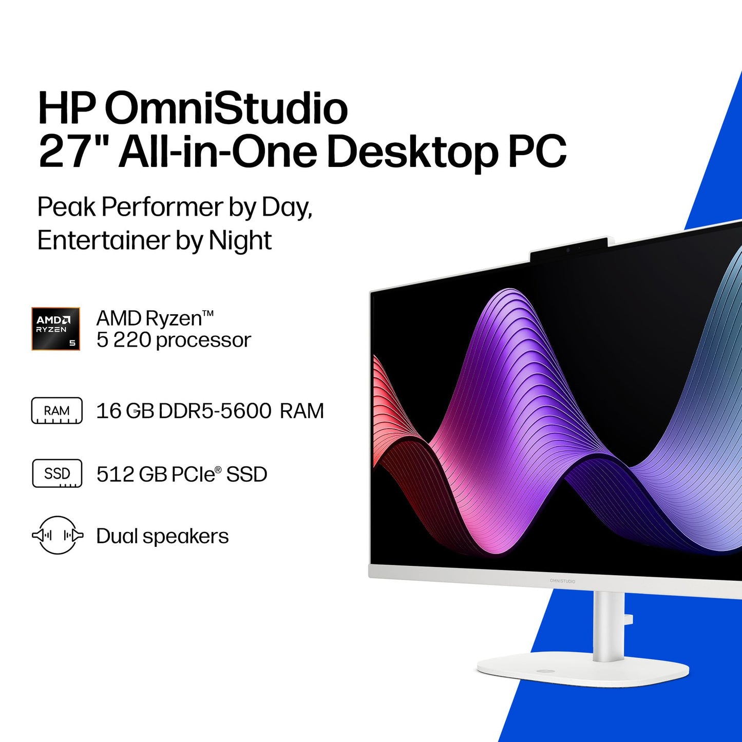 HP OmniStudio 27 inch All-in-One Desktop PC, FHD Display, AMD Ryzen 5 220, 16 GB RAM, 512 GB SSD, AMD Radeon 740M Graphics, Windows 11 Home, Cotton White, 27-cv0002 (2026)