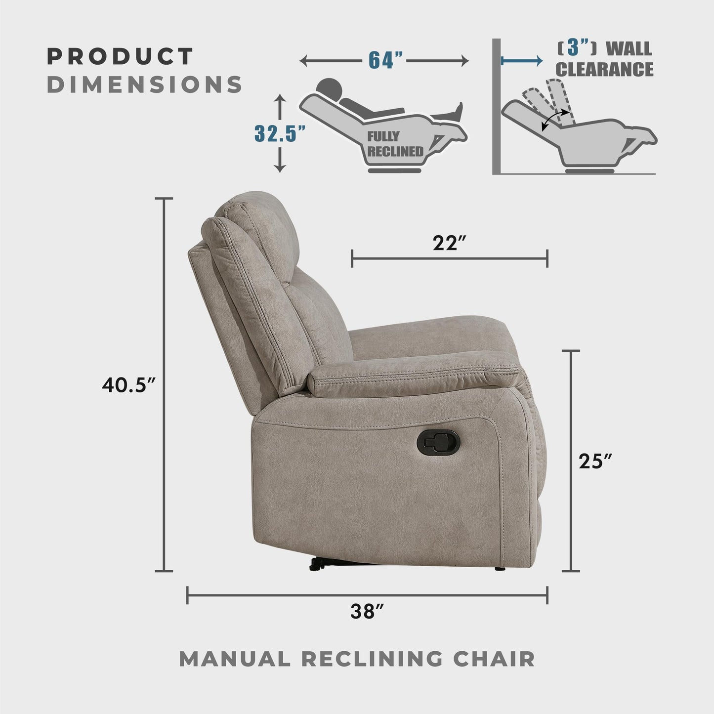 Lexicon Manual Recliner Chair, Polished Microfiber Reclining Sofa Chair, Home Theater Seating, Wall Hugger Manual Recliner for Living Room/Office/Apartment, Dove