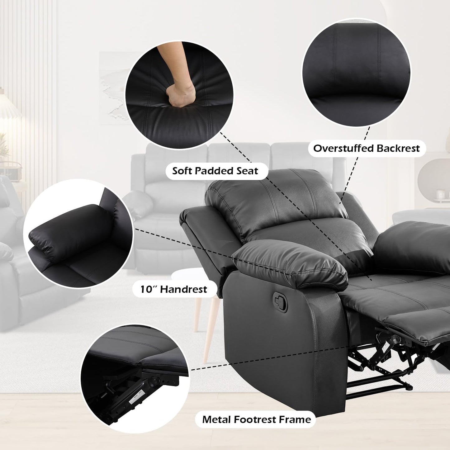 Trygoal Oversized Recliner Chair, Single Leather Power Electric Recliners with Home Theater Seating, Recliner Sofa Breathable Living Room Chairs for Adults Reading Gaming, Black