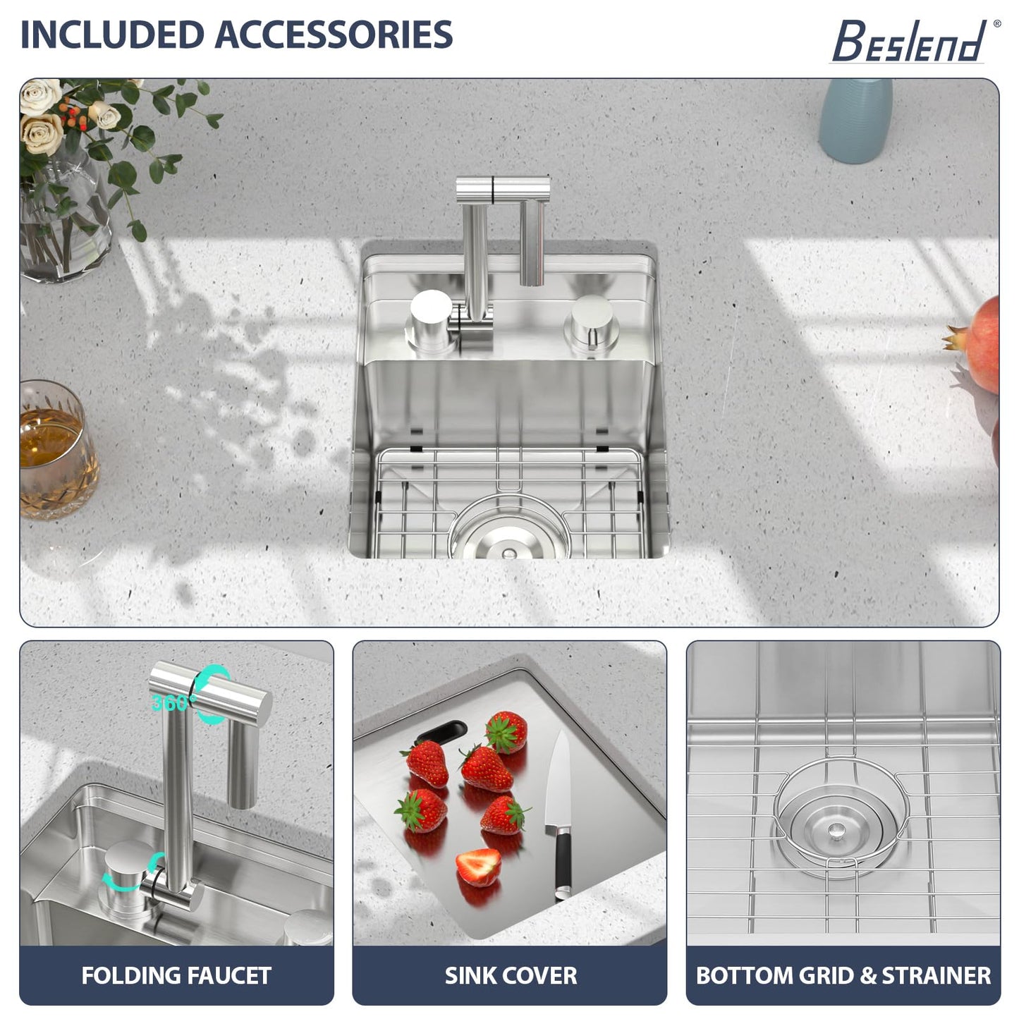 13 Inch Stainless Steel Outdoor Prep Sink - Beslend 16 Gauge Undermount Bar Sink with Folding Faucet & Cover, Waterproof for Indoor/Outdoor Kitchen, Grill Station, Poolside,13x15x9 In