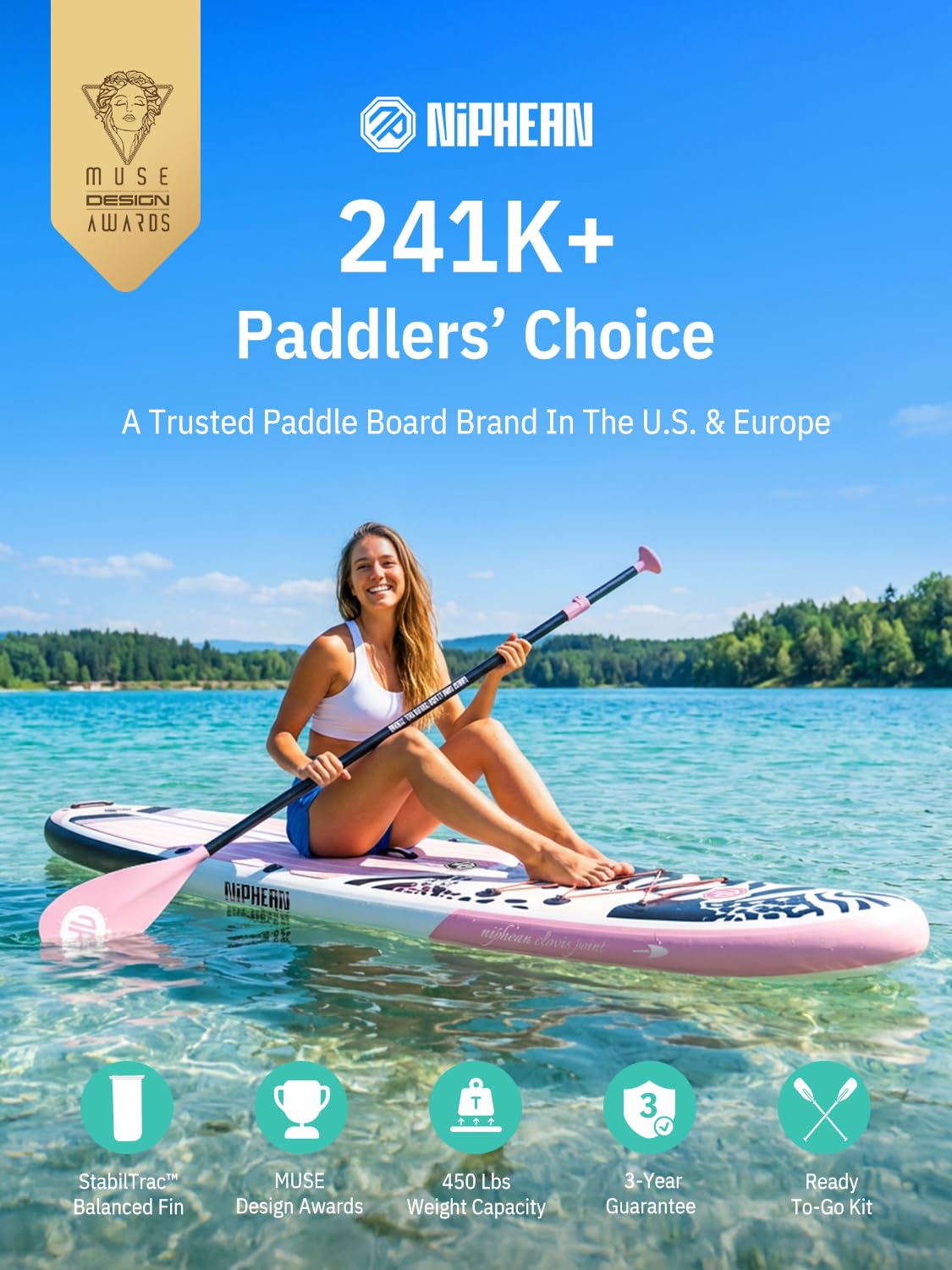 Niphean Inflatable Stand Up Paddle Board with Stabiltrac Fin Design and SUP Accessories, Anti-Slip EVA Deck, 10’6’’ Inflatable Paddle Boards for Adults & Youth of All Skill Levels