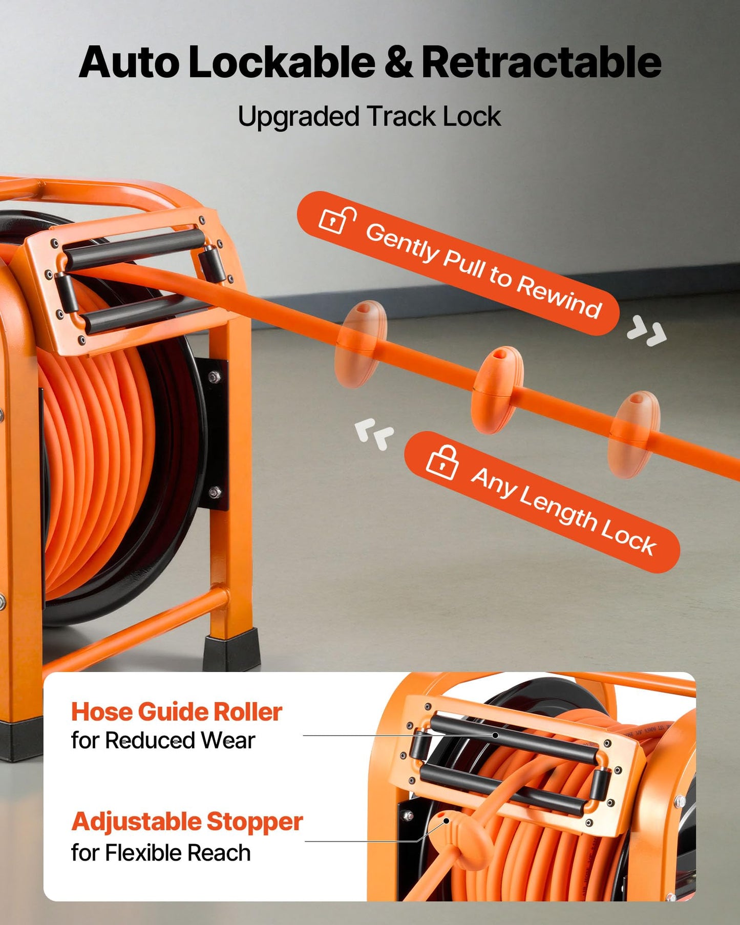 VEVOR Retractable Air Hose Reel, 3/8 Inch x 100 FT Hybrid Air Hose Max 300PSI, Auto Rewind Air-Compressor Hoses Reel with 5ft Lead in, Portable Freestanding Heavy Duty Steel Reel for Garages Workshops