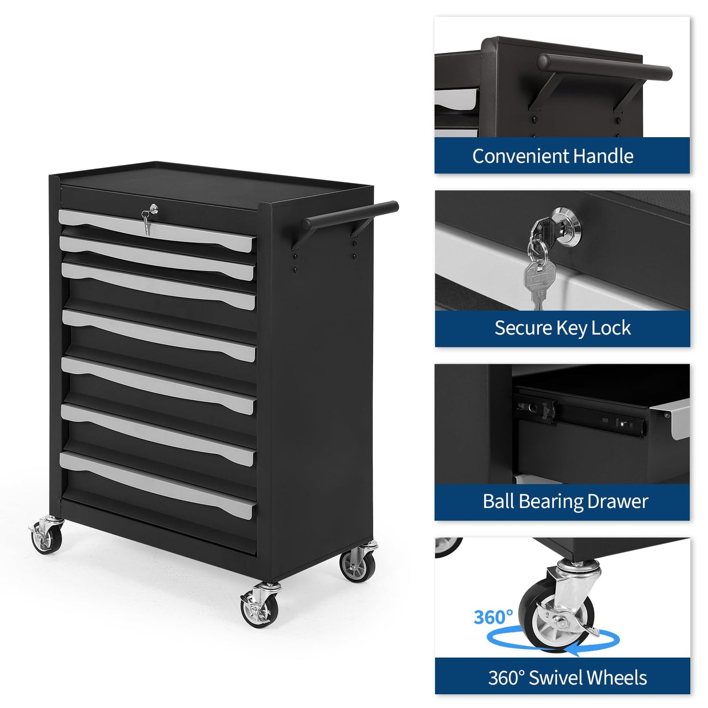 7-Drawer Tool Chest, Rolling Tool Cart with Wheels, Large Capacity Tool Storage Cabinet with Keyed Locking,Drawer Liners&Link Buckle, for Garage, Workshop, Warehouse,24.21"L * 13.78"W * 34.06"H Black