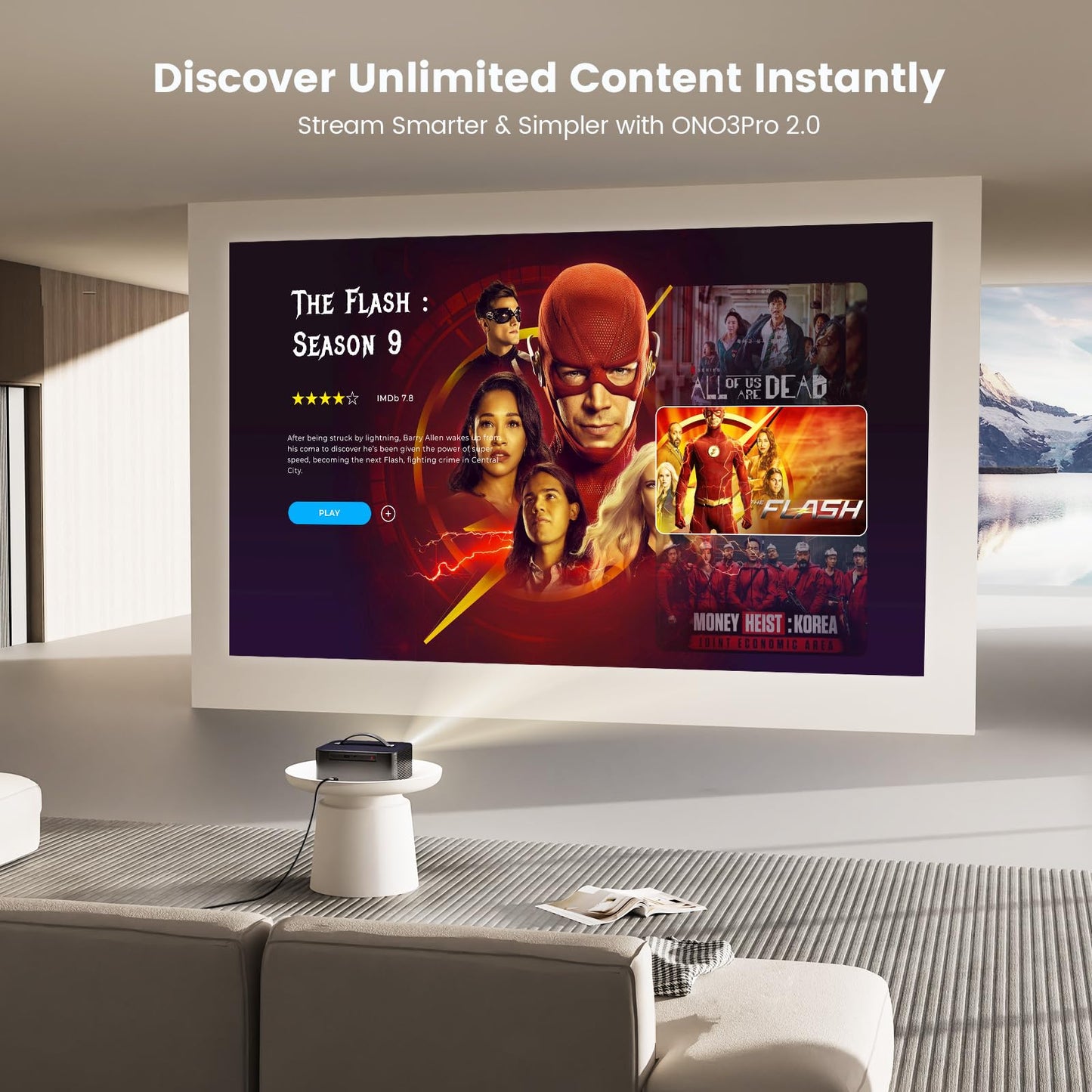Outdoor-Projector-4K with WiFi and Bluetooth: [3000 Brightness/50W DoIby/Built-in APPs] Portable-Projector Smart OS 2.0&AI Auto Focus, ONOAYO Movie Proyector Compatible with Netflix/YouTube/PrimeVideo