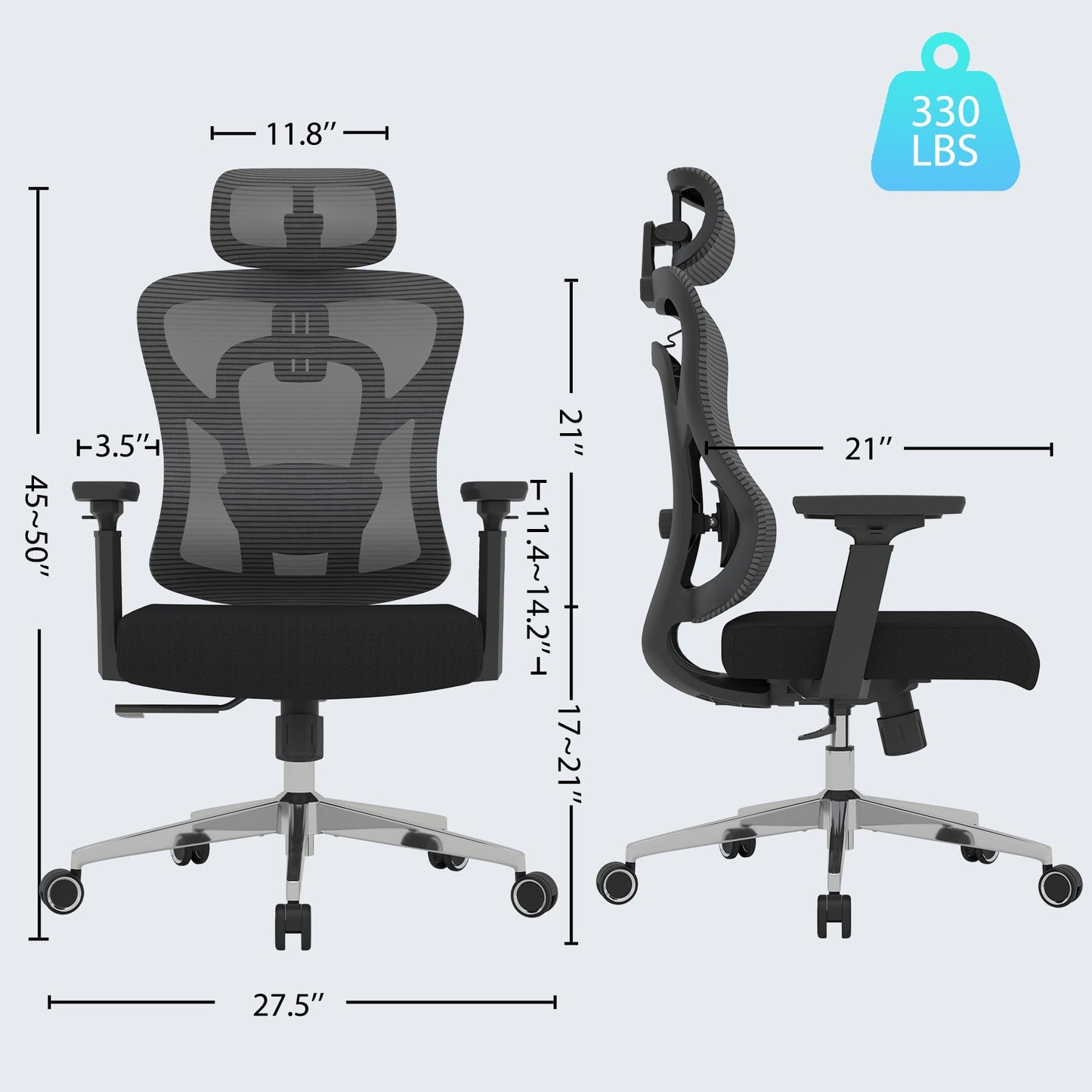 Logicfox Ergonomic Office Chair for Long Hours with Adaptive Thoracic Support – 3D Lumbar System, Adjustable Headrest & Armrests, 330 lbs Capacity