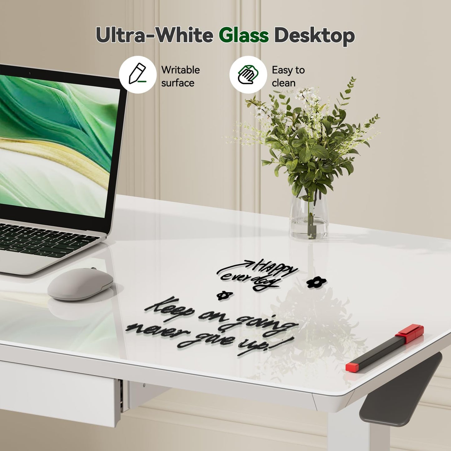 Gibbon Mounts Glass Standing Desk with Drawers, 35inch Small Mobile Laptop Desk, Height Adjustable Rolling Sit Stand Desk, White Pneumatic Portable Computer Desk with Hidden Wheels or Lockable Casters