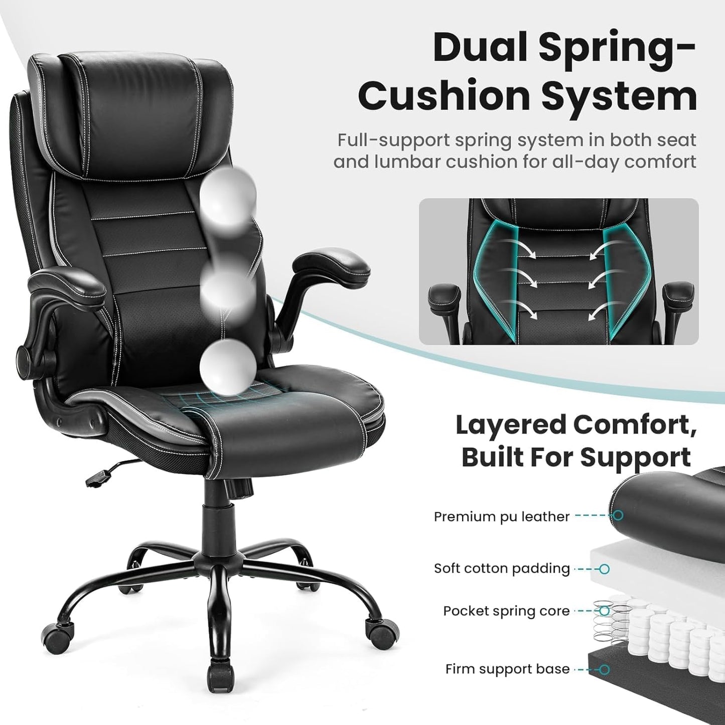 Oversized Executive Office Chair - 400LBS Heavy Duty, High Back Ergonomic Desk Chair with Adjustable Headrest/Lumbar Support, PU Leather Computer Chair for Long Hours (Home/Office/Gaming)，Gray