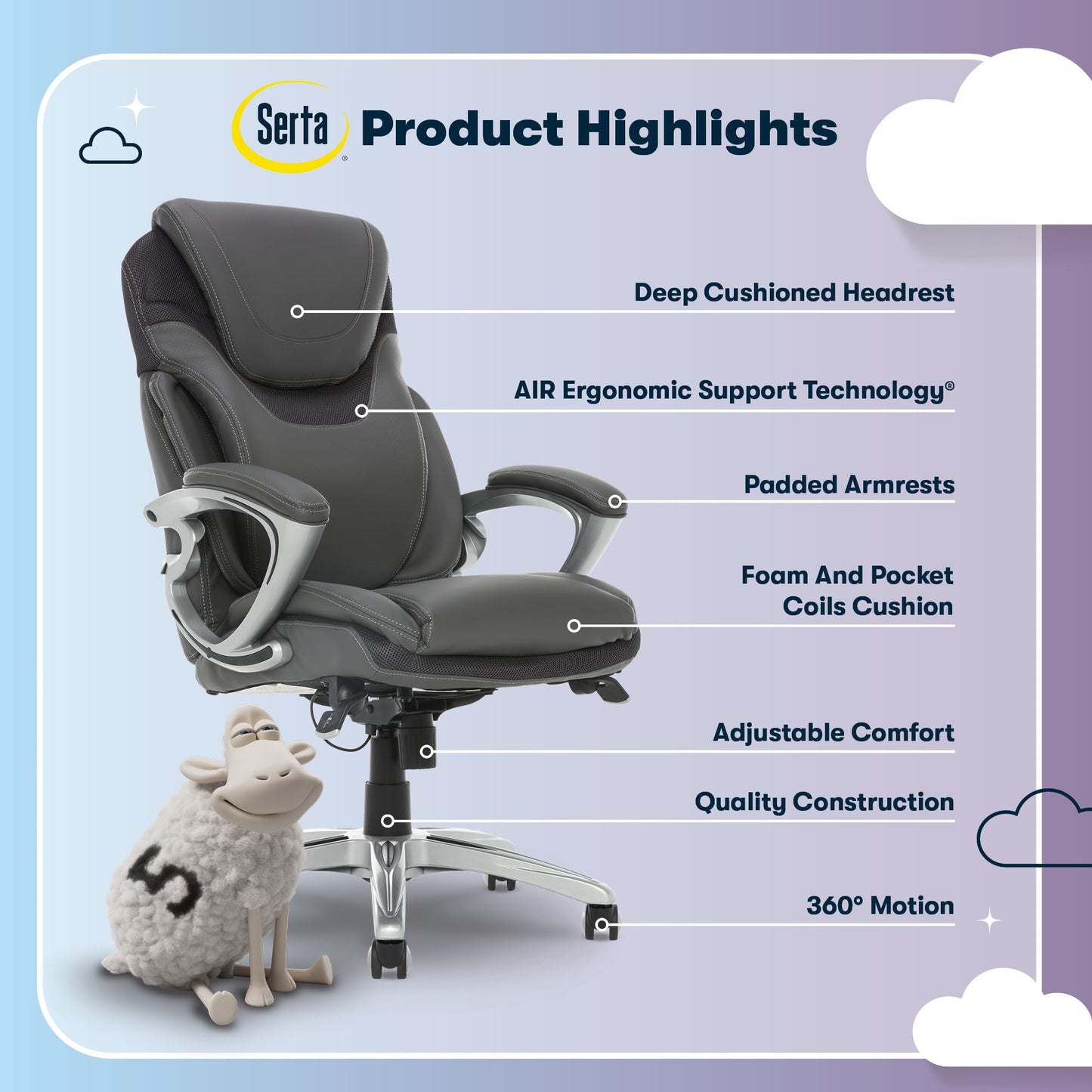 Serta Bryce Executive Office Chair - Ergonomic Computer Desk Chair with Patented AIR Lumbar Technology - Adjustable Height - Memory Foam Body Pillows - 360° Swivel Rolling Base - Bonded Leather - Gray
