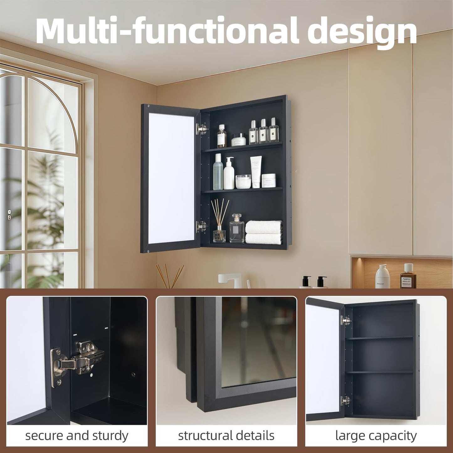 24"x30" Medicine Cabinet Mirror with Large Capacity,Black Metal Mirror Cabinet and Iron Medicine Cabinet for Bathroom,Recessed(22.85"x28.85") or Surface Wall-Mounted(24"x30") Bathroom Vanity Mirror
