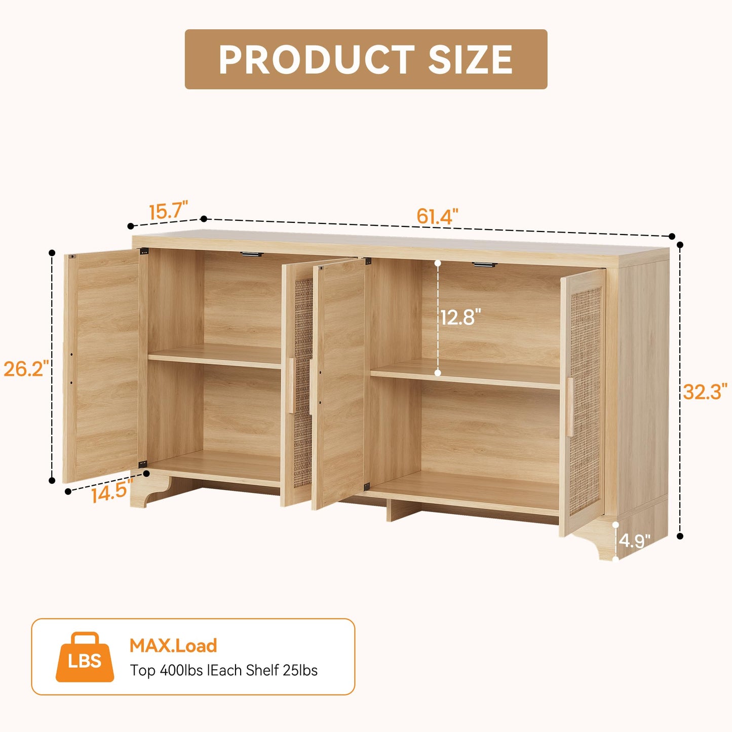 GarveeHome 4-Door Sideboard Buffet Cabinet, Natural Rattan Storage Cabinet, Boho Entryway Console Table, Coffee Bar Station for Dinning Room, Living Room, Kitchen