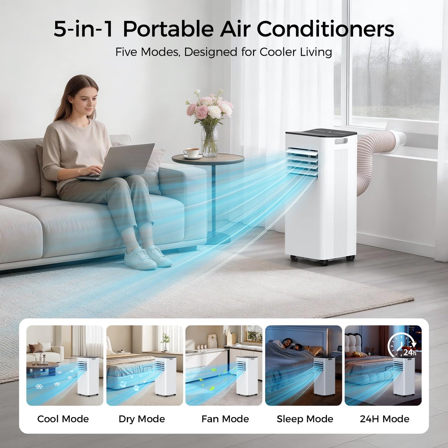 HoneyNov 16000 BTU Portable Air Conditioner for Large Rooms & Bedrooms up to 750 Sq.Ft, Ultra Quiet 40dB Smart WiFi AC, 5-in-1 Cooling with Dehumidifier, Fan, Sleep Mode & Timer(White)