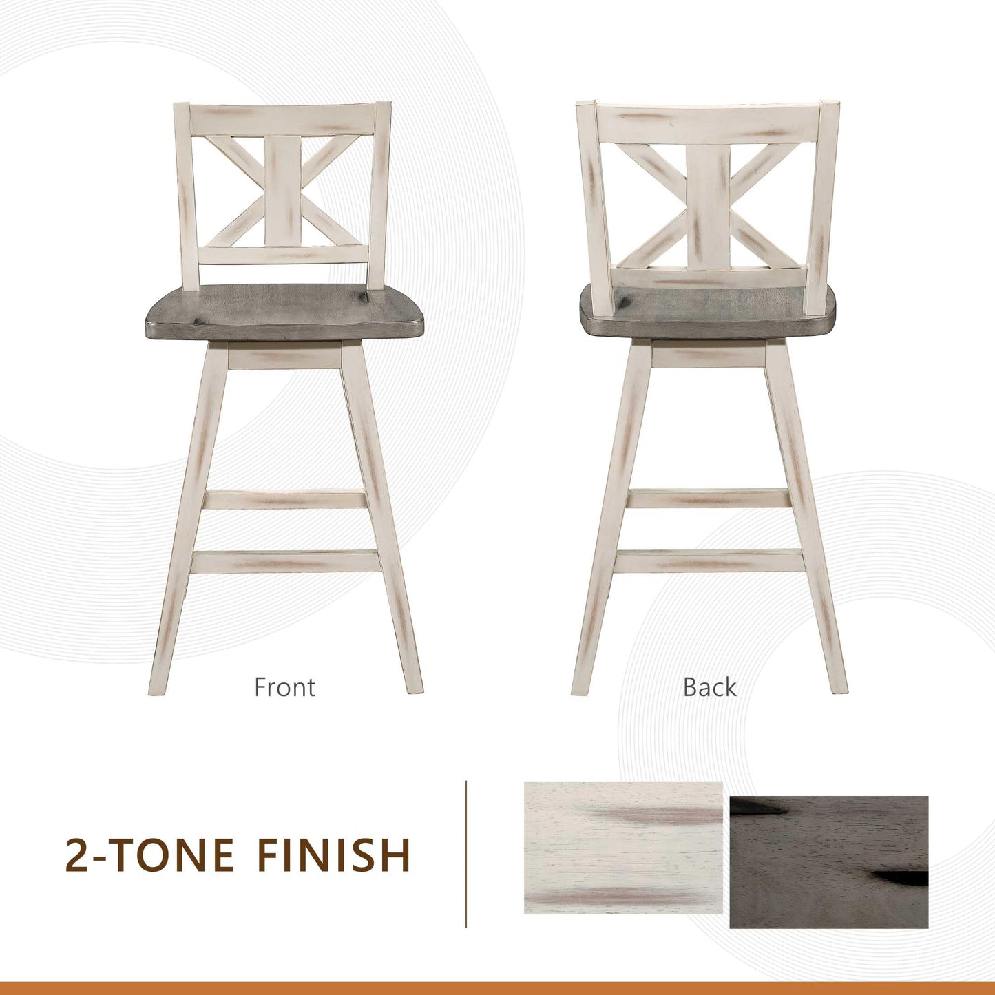 Lexicon Counter Height Stools Set of 2-Solid Wood Frame 360° Swivel Wooden Stools, Foot Rest, X Back, Wide Seat, Distressed Farmhouse Easy to Clean Finish, 24" SH, Antique White/Grey