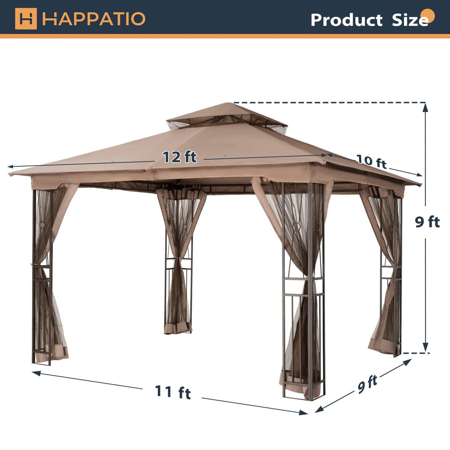 HAPPATIO 10' X 12' Outdoor Patio Gazebo, Outdoor Canopy Gazebo for Garden