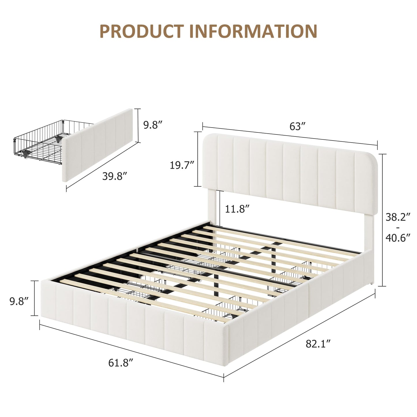 Garvee Queen Size Velvet Bed Frame with 4 Storage Drawers, Upholstered Platform Bed with Vertical Channel Tufted Adjustable Headboard, No Box Spring Needed, Easy Assembly, Beige