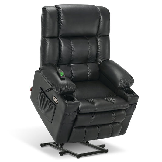 MCombo Dual Motor Power Lift Recliner Chair for Elderly, Lay Flat Lift Chair with Heat and Massage, Cup Holders, USB Ports, Faux Leather 7890 (Black, Medium)