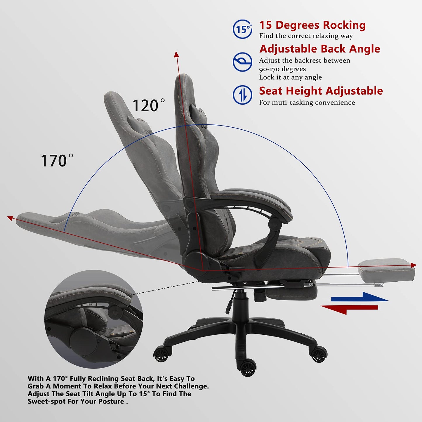 Dowinx Gaming Chair Big and Tall, Ergonomic Game Chair for Adults with Footrest and Massage Lumbar Support, High Back Computer Gamer Chair PU Leather, 350Lbs, for Office, Home, Grey