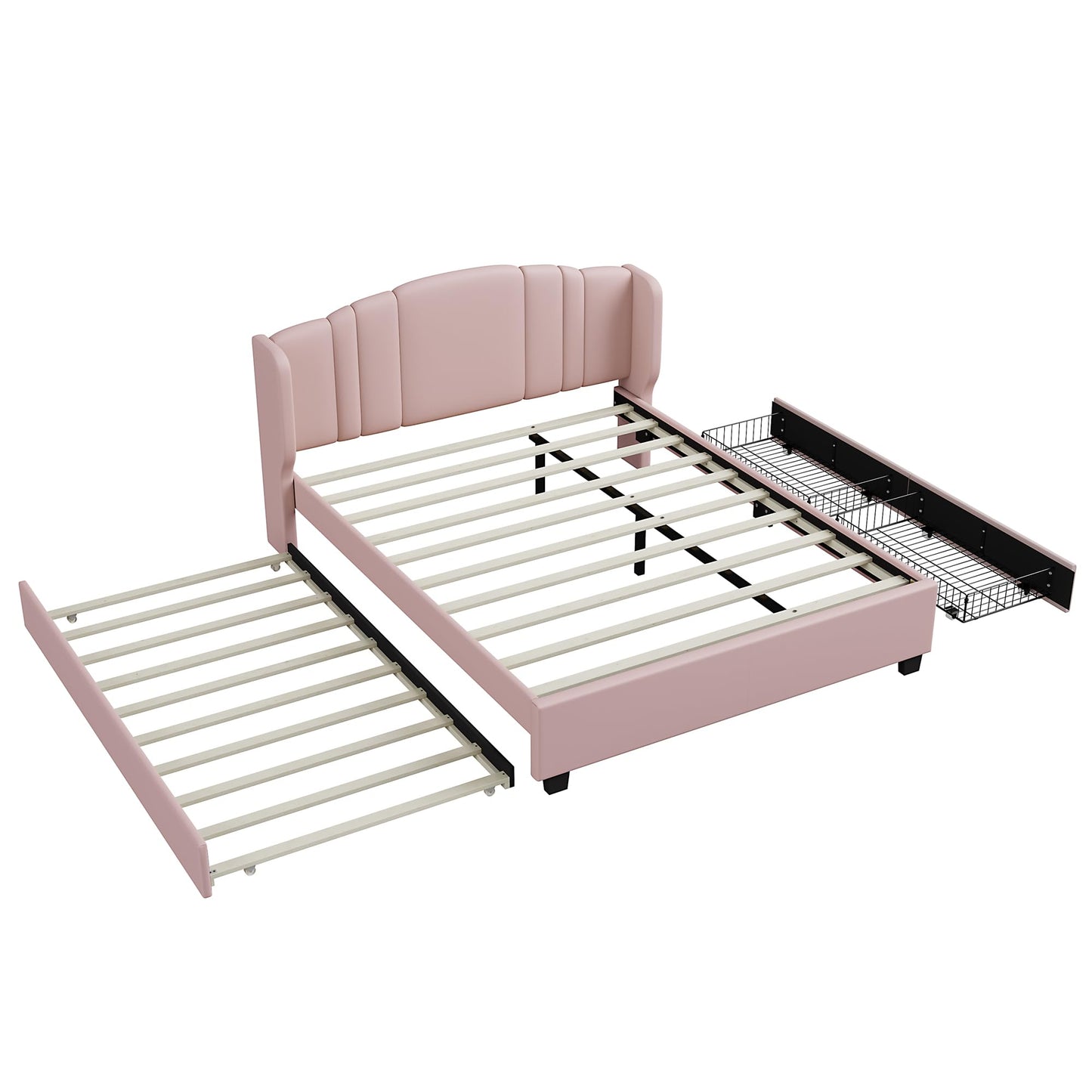 Merax Queen Size Platform Bed Frame with Twin Trundle, Storage 2 Drawers and Upholstered Headboard, No Box Spring Needed
