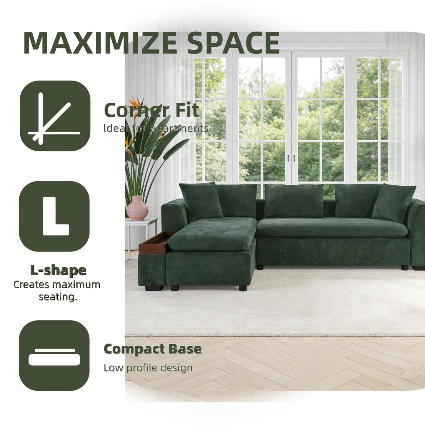 Trygoal 93.7" L-Shaped Sectional Sofa with Storage Chaise, Modern Couch for Living Room, Chenille Upholstered Couch with Deep Seats & Throw Pillows, Modern Corner Sofa for Living Room, Green