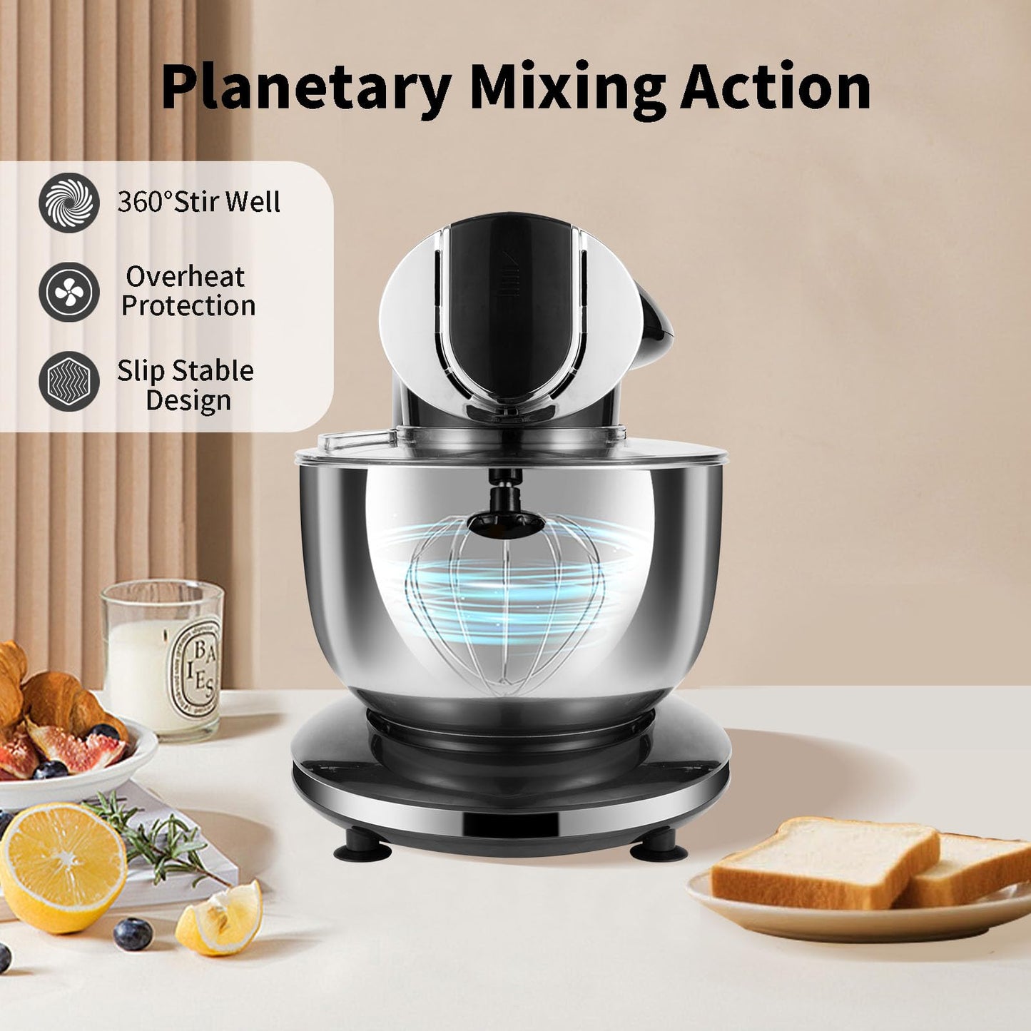 Aifeel Stand Mixer, 8.5QT+ 6QT Two Stainless Steel Bowls Electric Food Mixer, 7 in 1 Multifunctional Kitchen Mixer with Dough Hook, Whisk, Beater, Meat Grinder,Pasta & Cookie Maker-Black