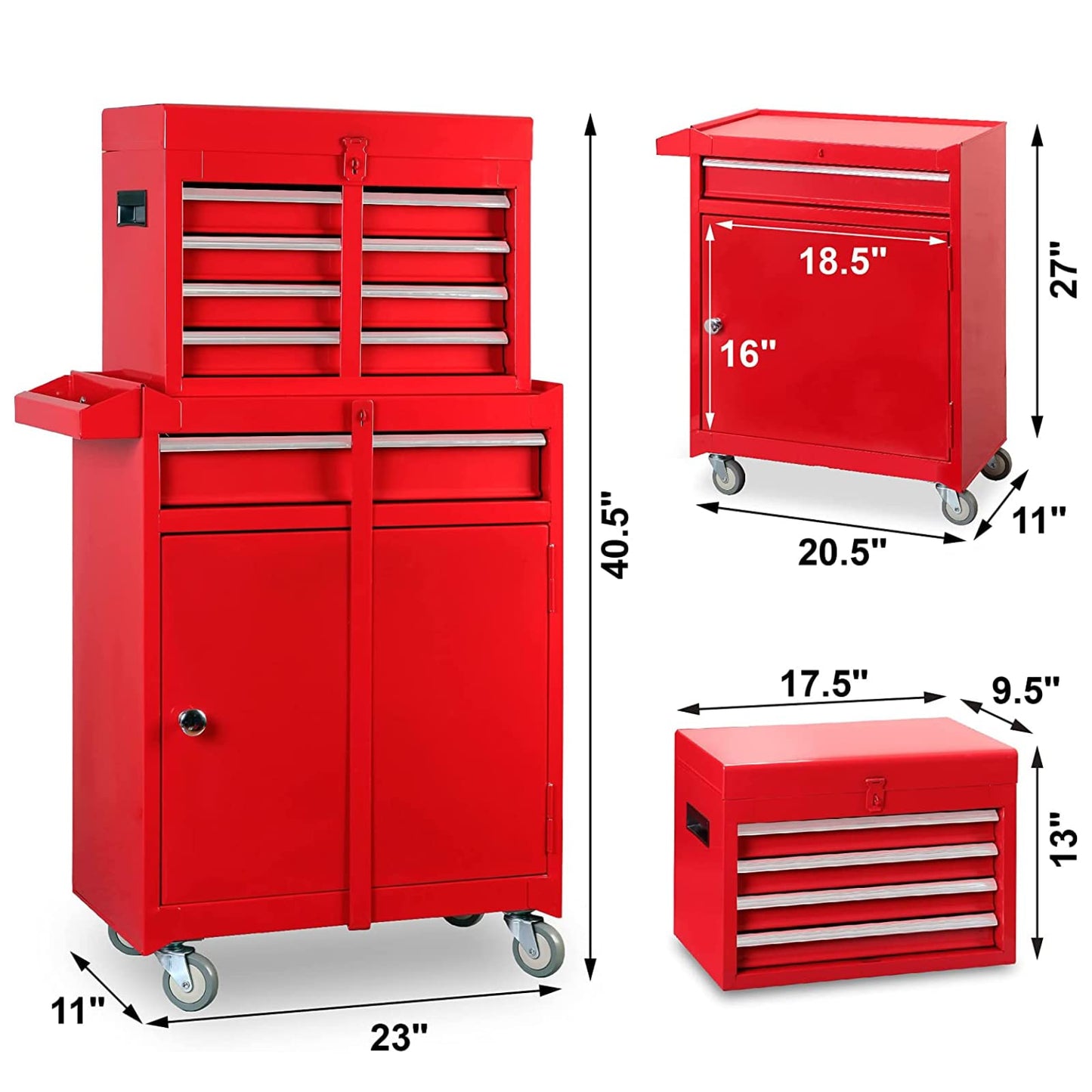 Road DAWG ATBT1204D-Red Torin Rolling Garage Workshop Tool Organizer: Detachable 4 Drawer Tool Chest with Large Storage Cabinet and Adjustable Shelf, Red