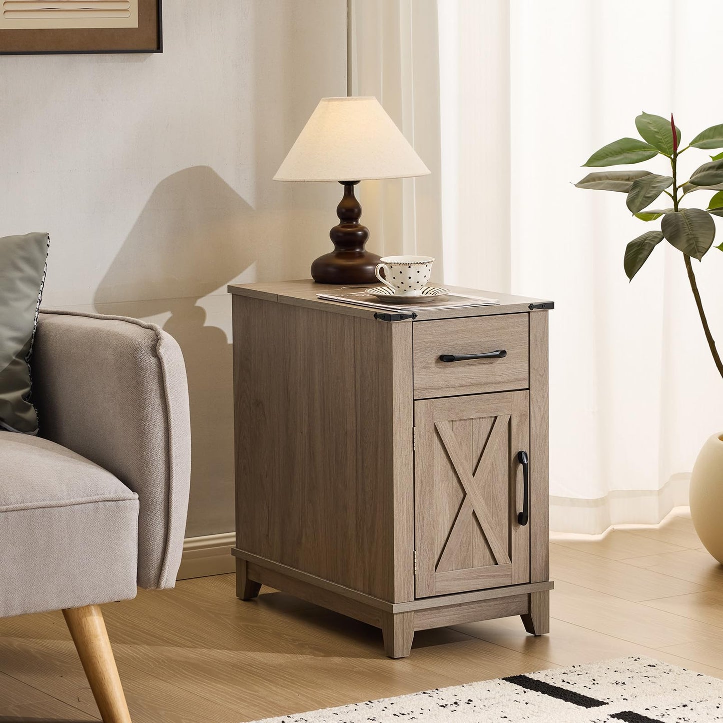 EROMMY Farmhouse End Table with Charging Station Set of 2, Narrow Side Table for Living Room, Nightstand with Drawer and Storage Cabinet, Adjustable Shelf, Gray