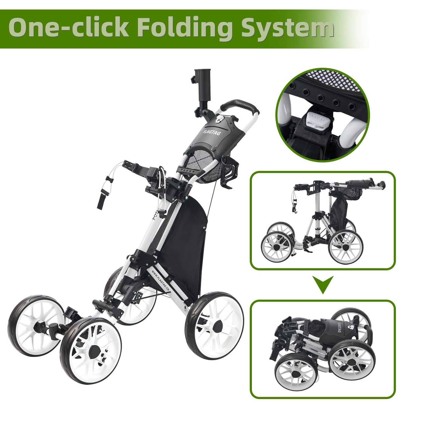 FLAGTAG Golf Push Cart 4-Wheels,Folding Golf Cart, Golf Pull cart with Cup Holder,Umbrella Holder,Cooler Bag, Foldable with one-Click,Handle Height Adjustable,Drink Holder,Walking Push cart