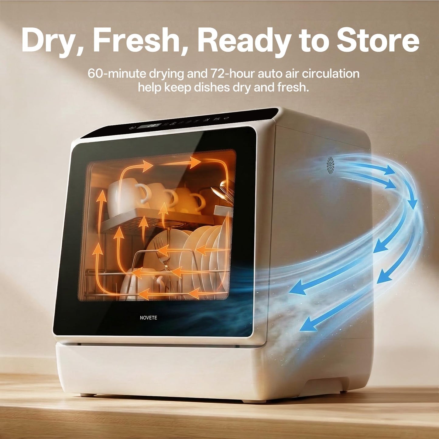 NOVETE Portable Countertop Dishwashers, Compact Dishwashers with 5L Built-in Water Tank & Inlet Hose, 5 Washing Programs, Baby Care, Air-Dry Function and LED Light for Small Apartments