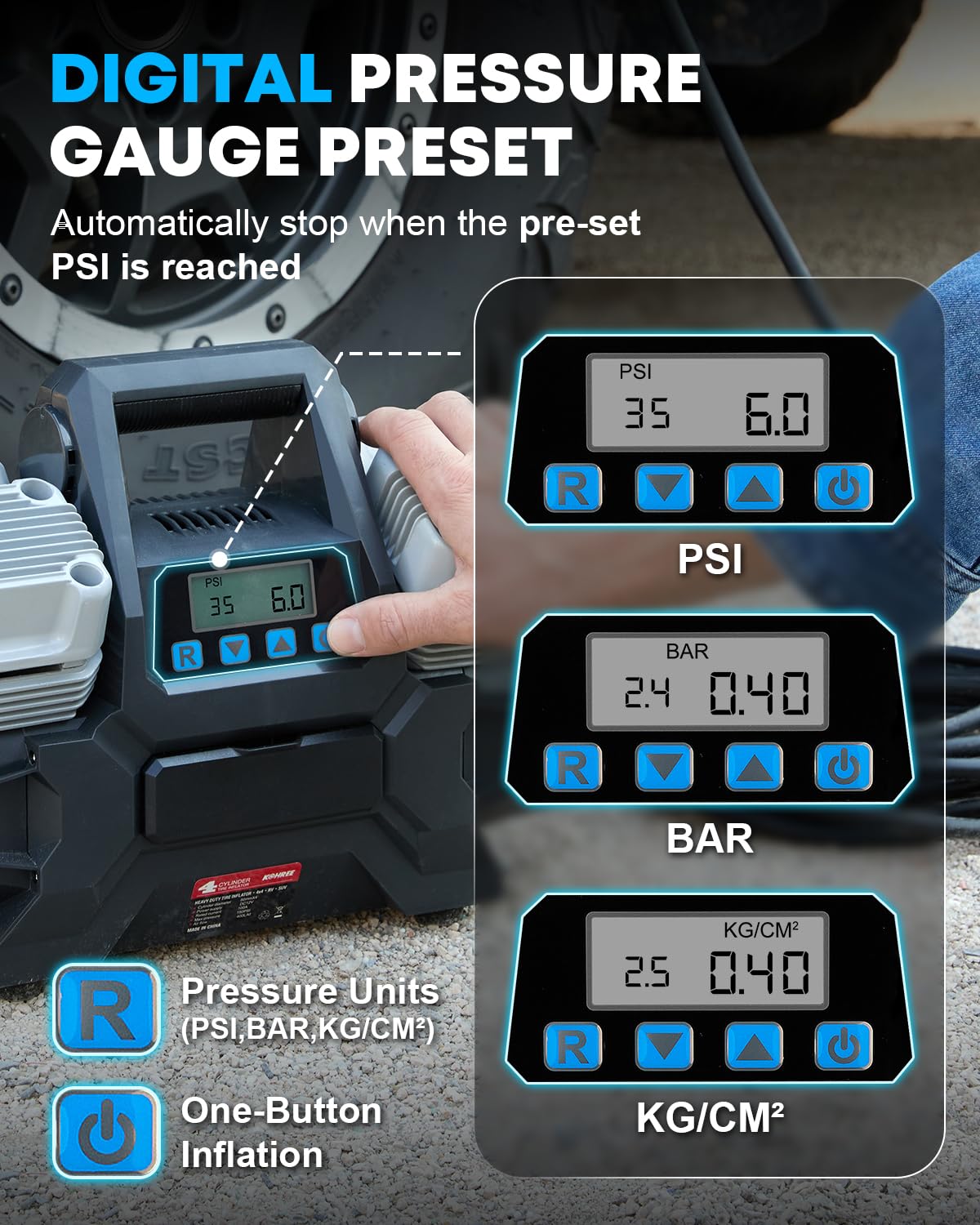 Kohree 12V Four Cylinder Fast Air Compressor with Digital Display Panel, Heavy Duty 14.13 CFM Tire Inflator Tire Pump for Offroad Truck RV 4x4 Vehicle, Max 150 PSI