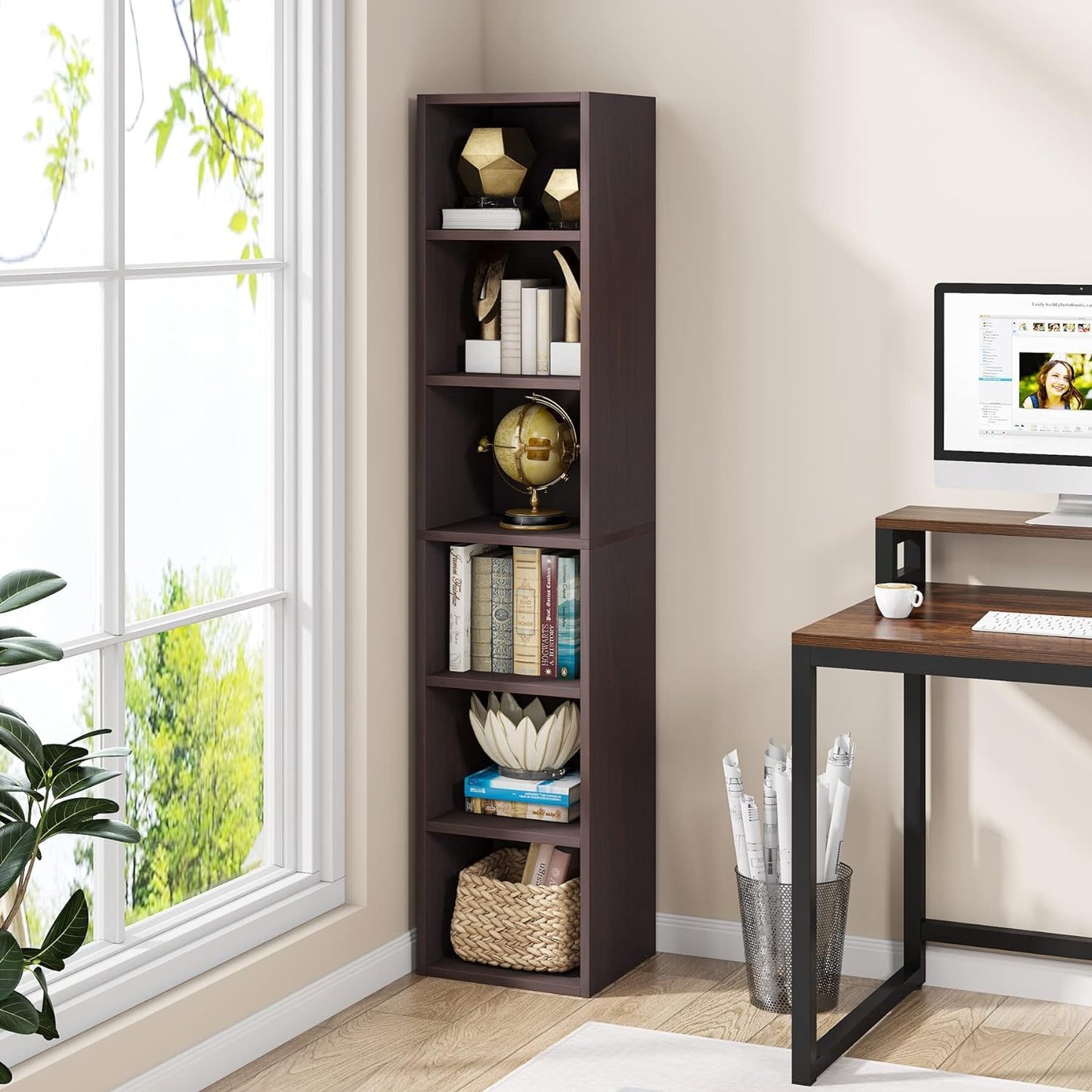 LITTLE TREE 70.9 Inch Tall Narrow Bookcase Set of 2, Modern Bookshelf 6 Tier Cube Display Shelf Storage Organizer for Small Space, Brown